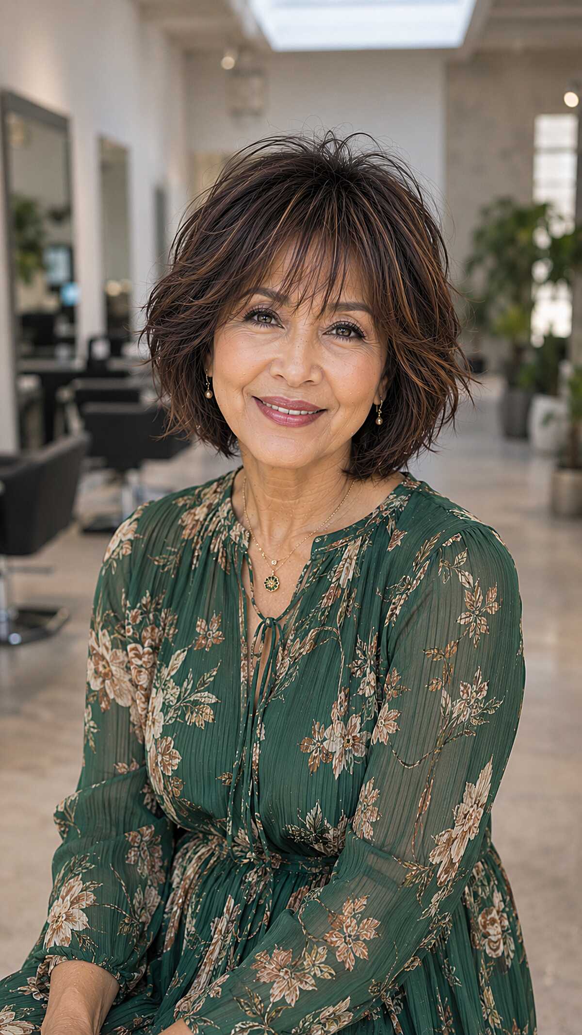 Short brunette shag with piece-y bangs and volume