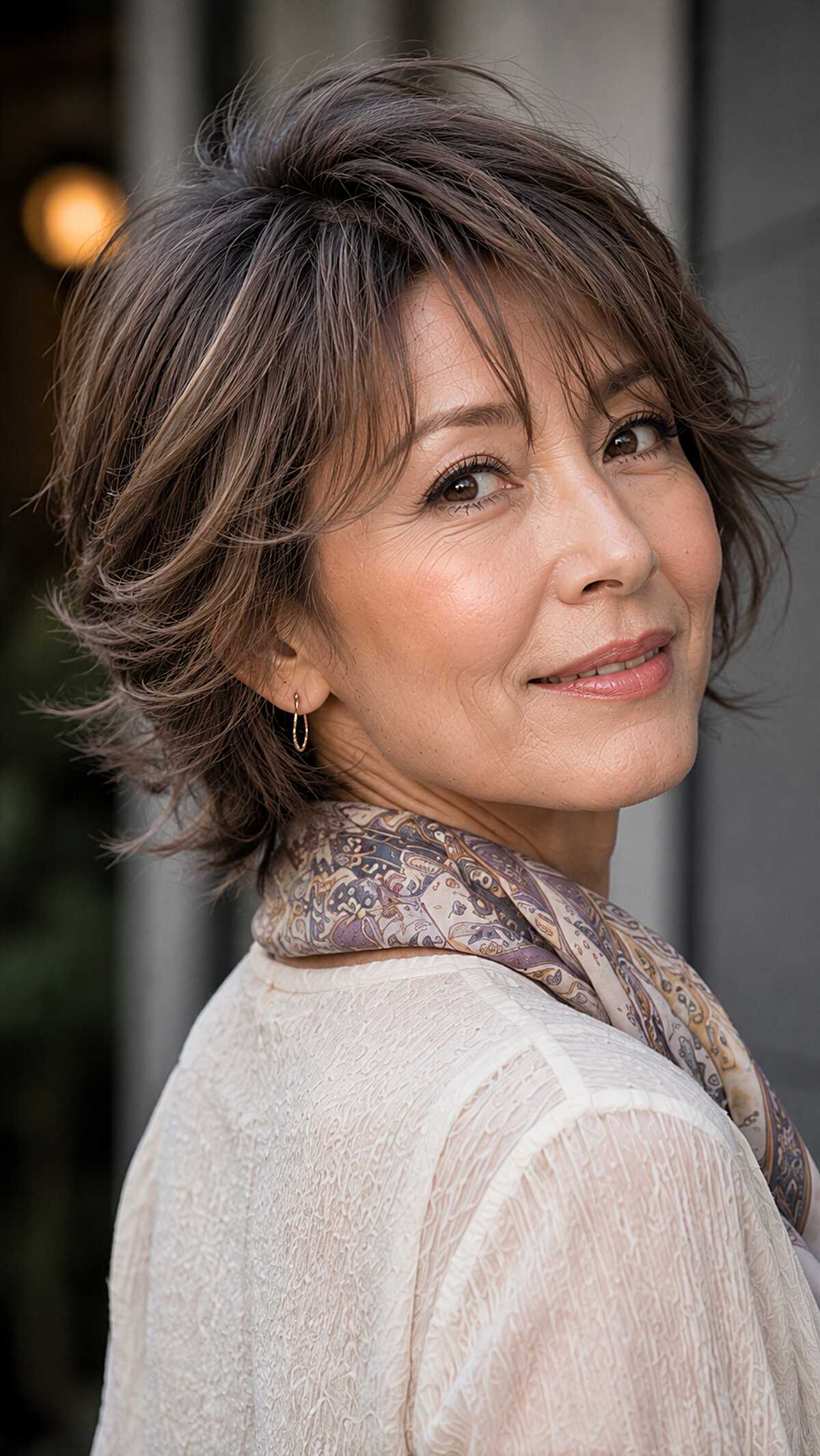 Short layered brunette shag with side-swept bangs over 60