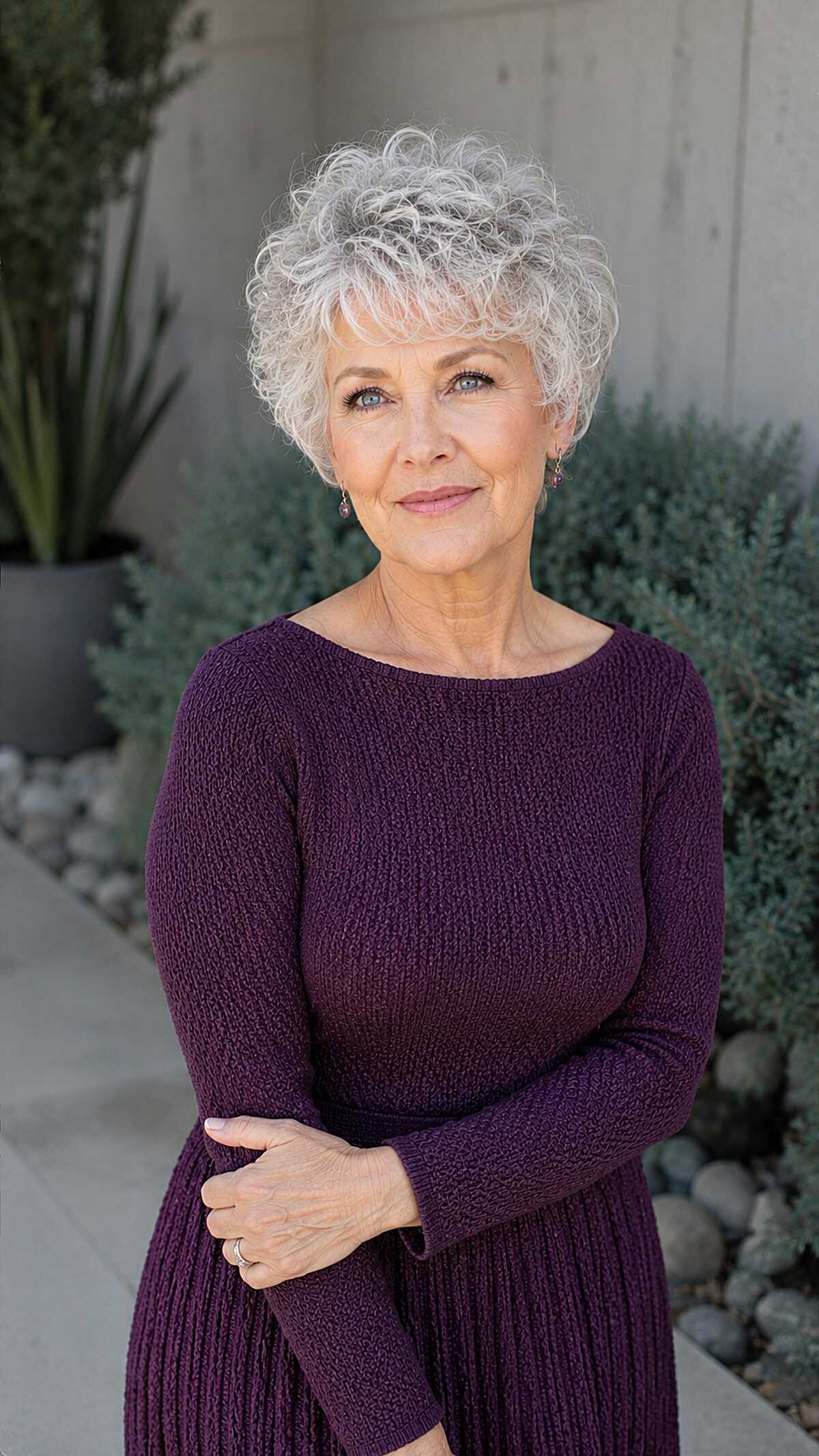 Short silver curly cut with natural texture