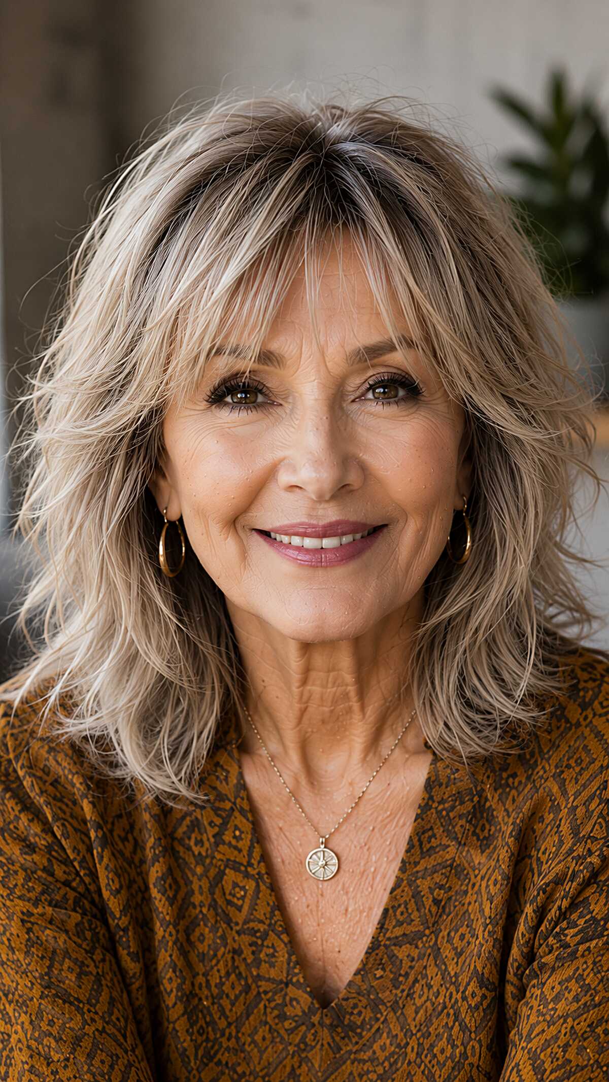Shoulder-length ash blonde shag with layered bangs over 60