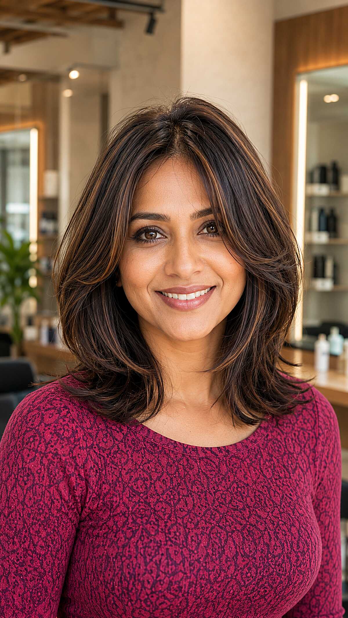 Shoulder-Length Layered Dark Bob with Caramel Pieces
