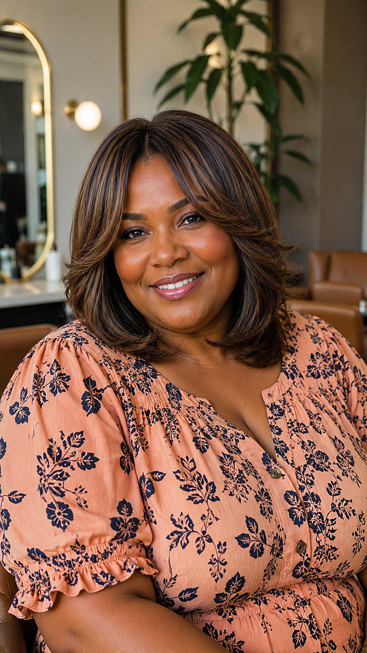 Shoulder-length layered sew-in with soft highlights