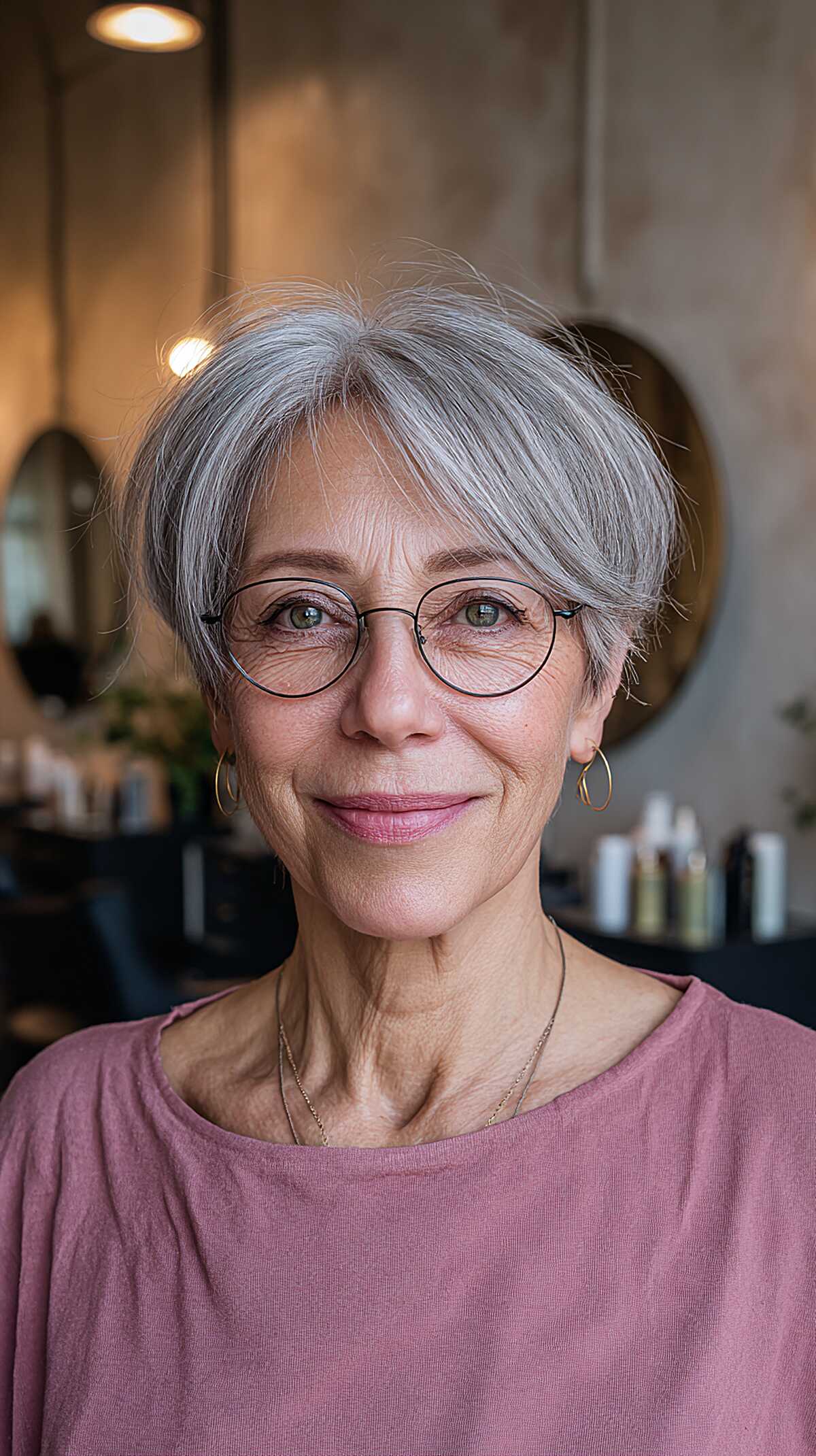 Side-Swept Gray Pixie with Wispy Fringe and Glasses