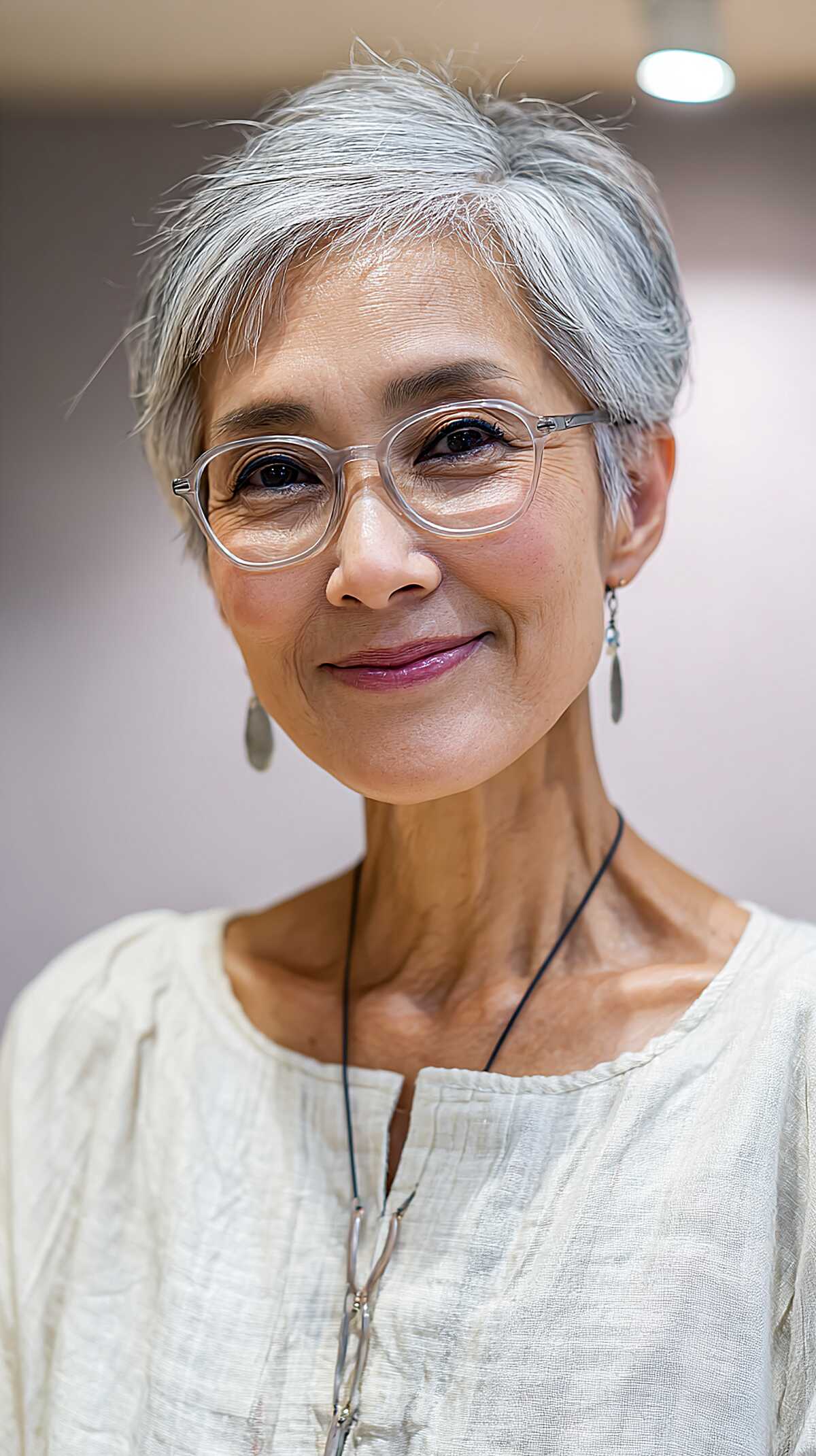 Side-Swept Silver Pixie with Clear Oval Glasses