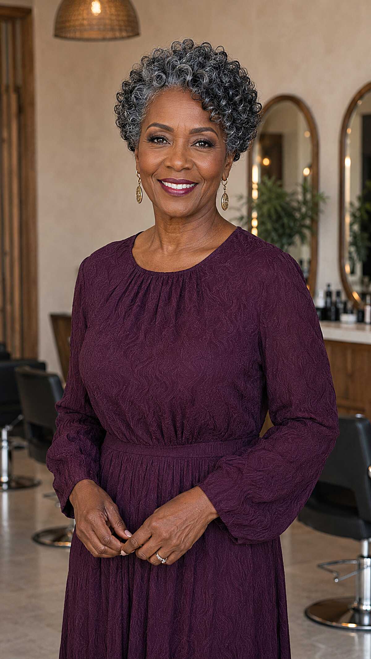 Short cropped curly hair with silver and black tones