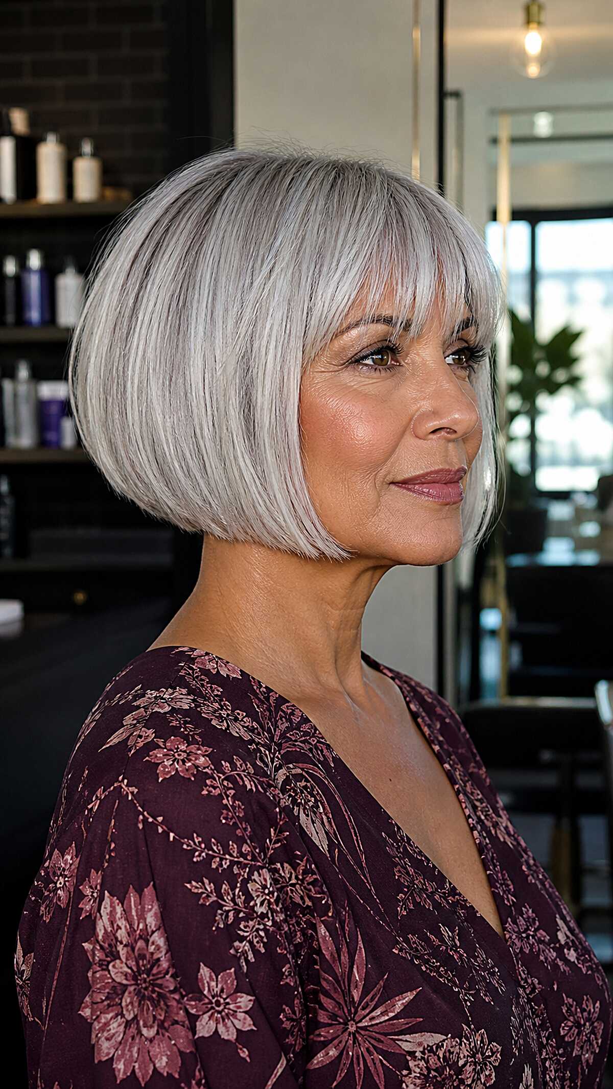 Silver gray blunt bob with soft wispy bangs