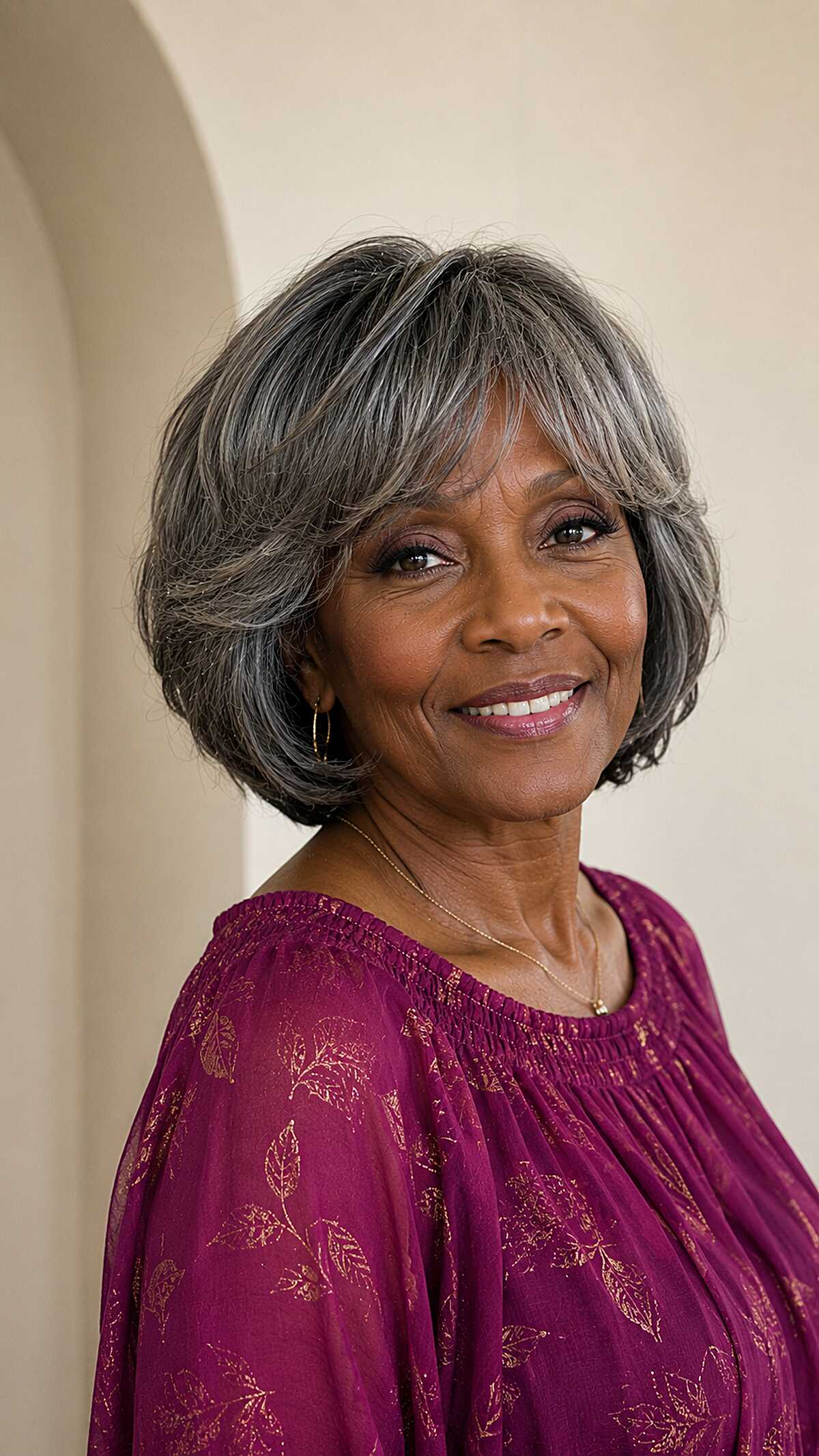 Silver Gray Bob with Feathered Bangs and Soft Texture