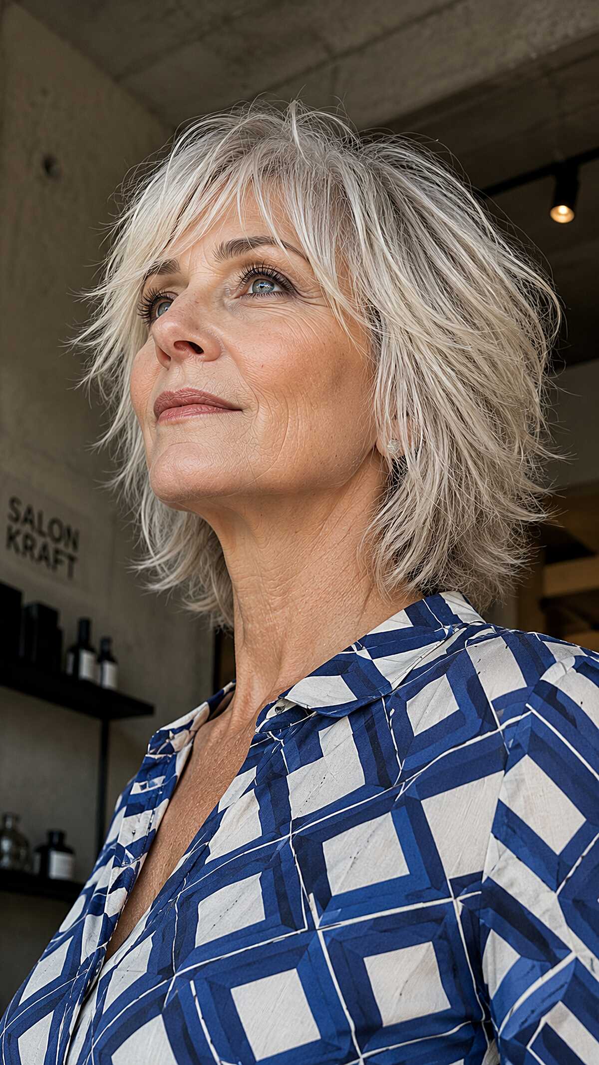 Silver choppy shag with piece-y bangs over 60