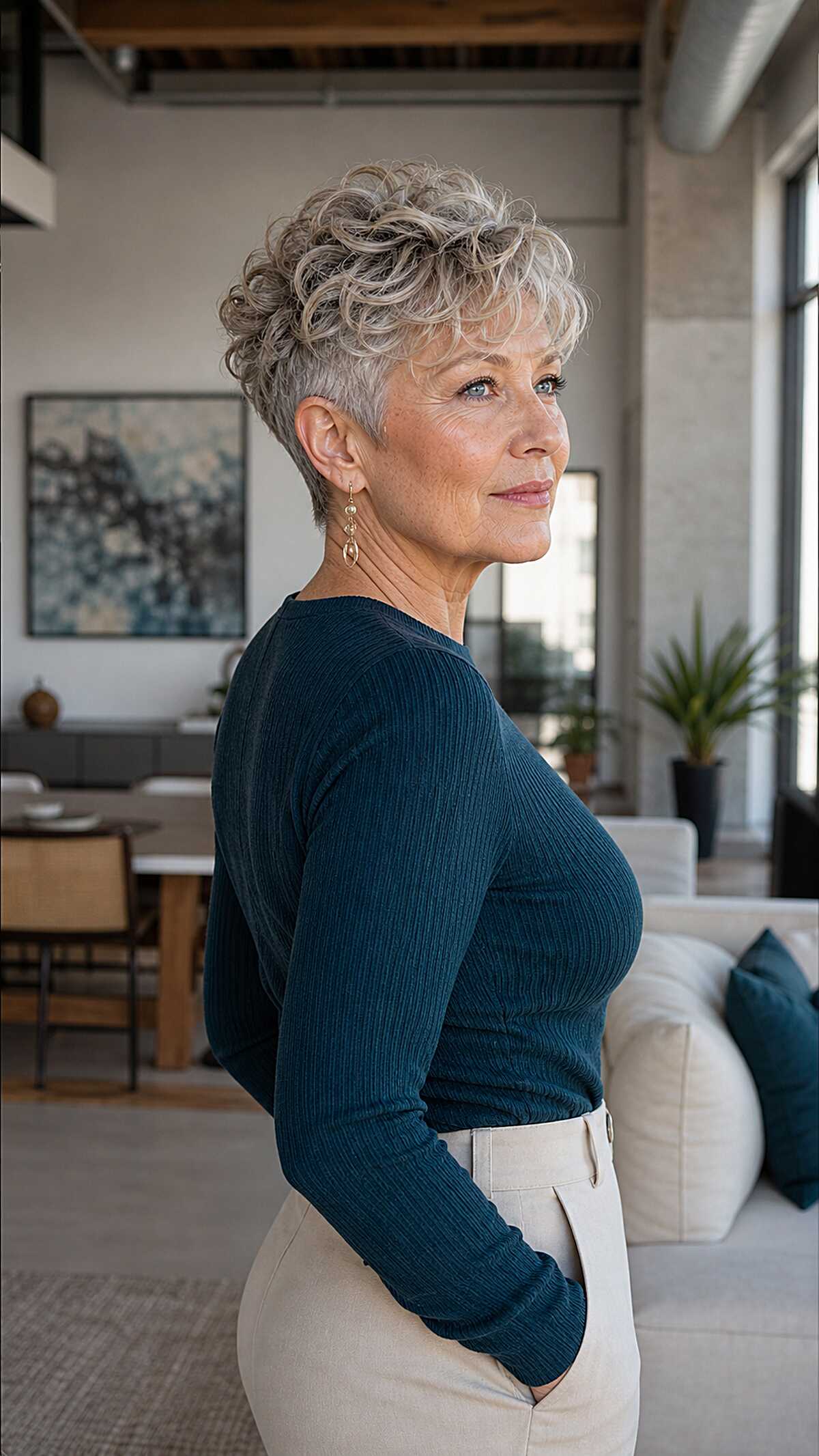 Silver curly pixie cut with volume on top