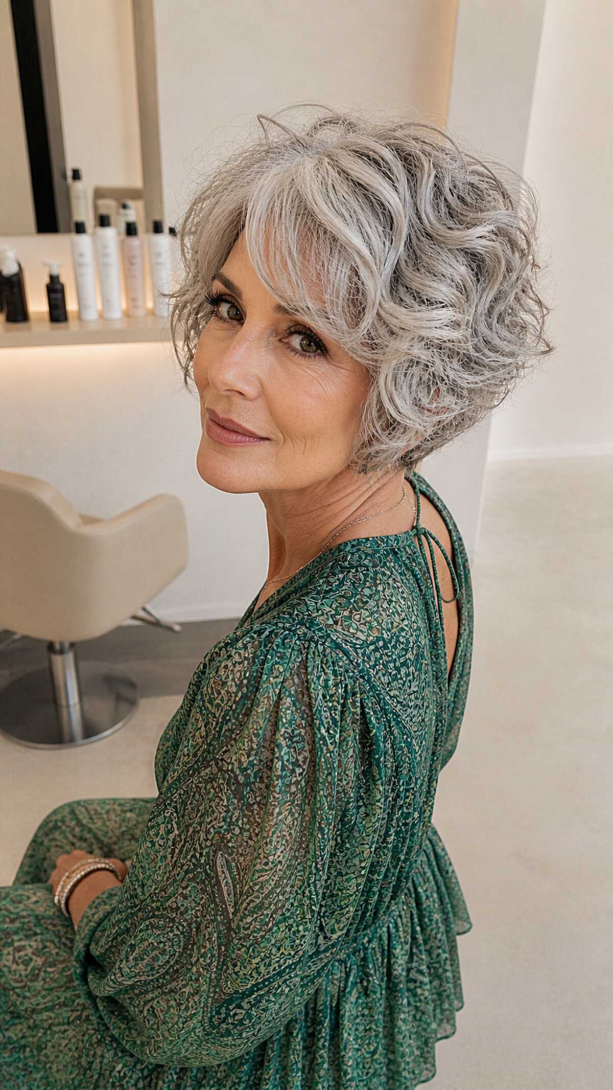 Silver gray curly stacked bob with wispy bangs