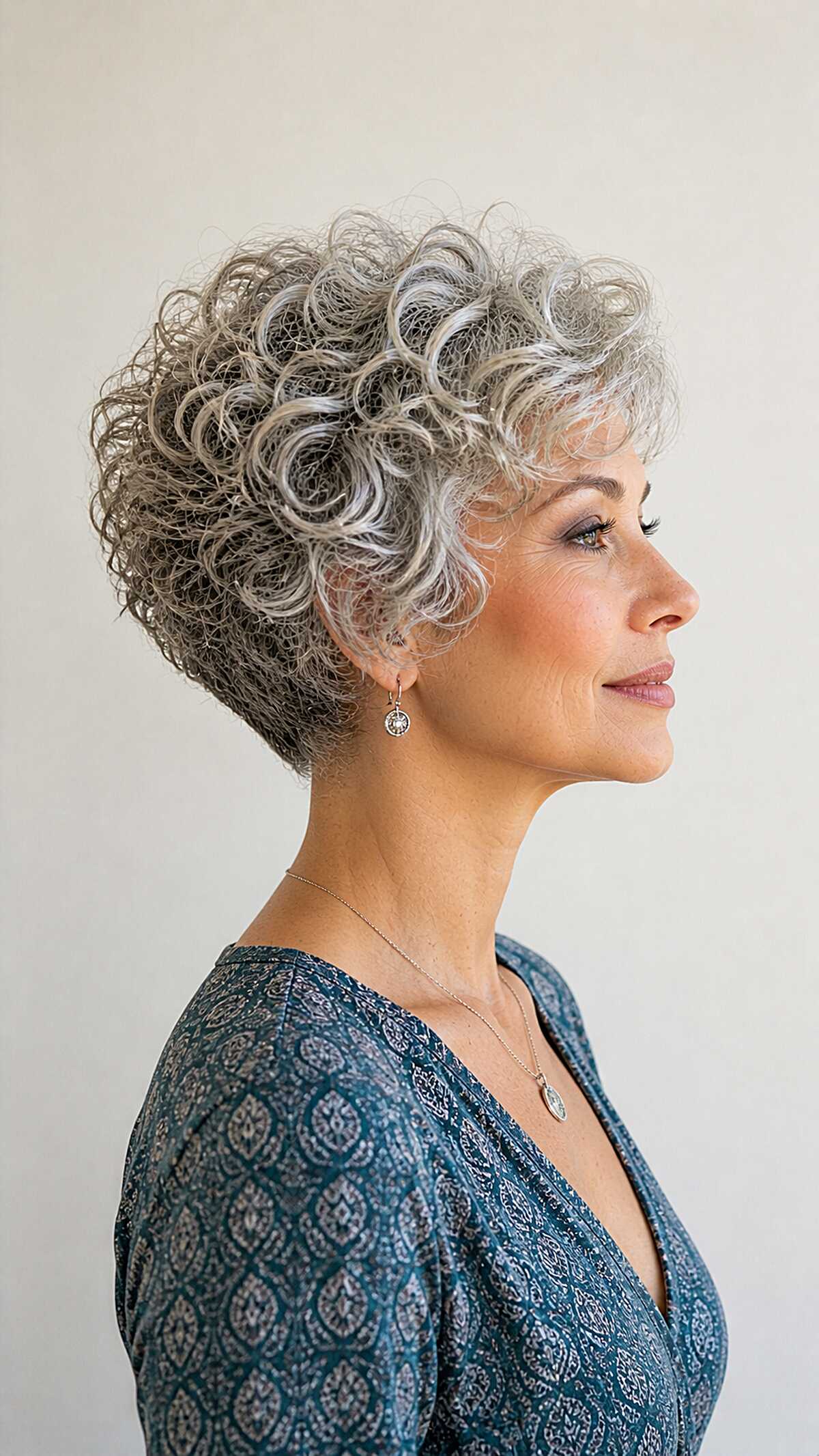 Silver gray curly stacked pixie bob side profile