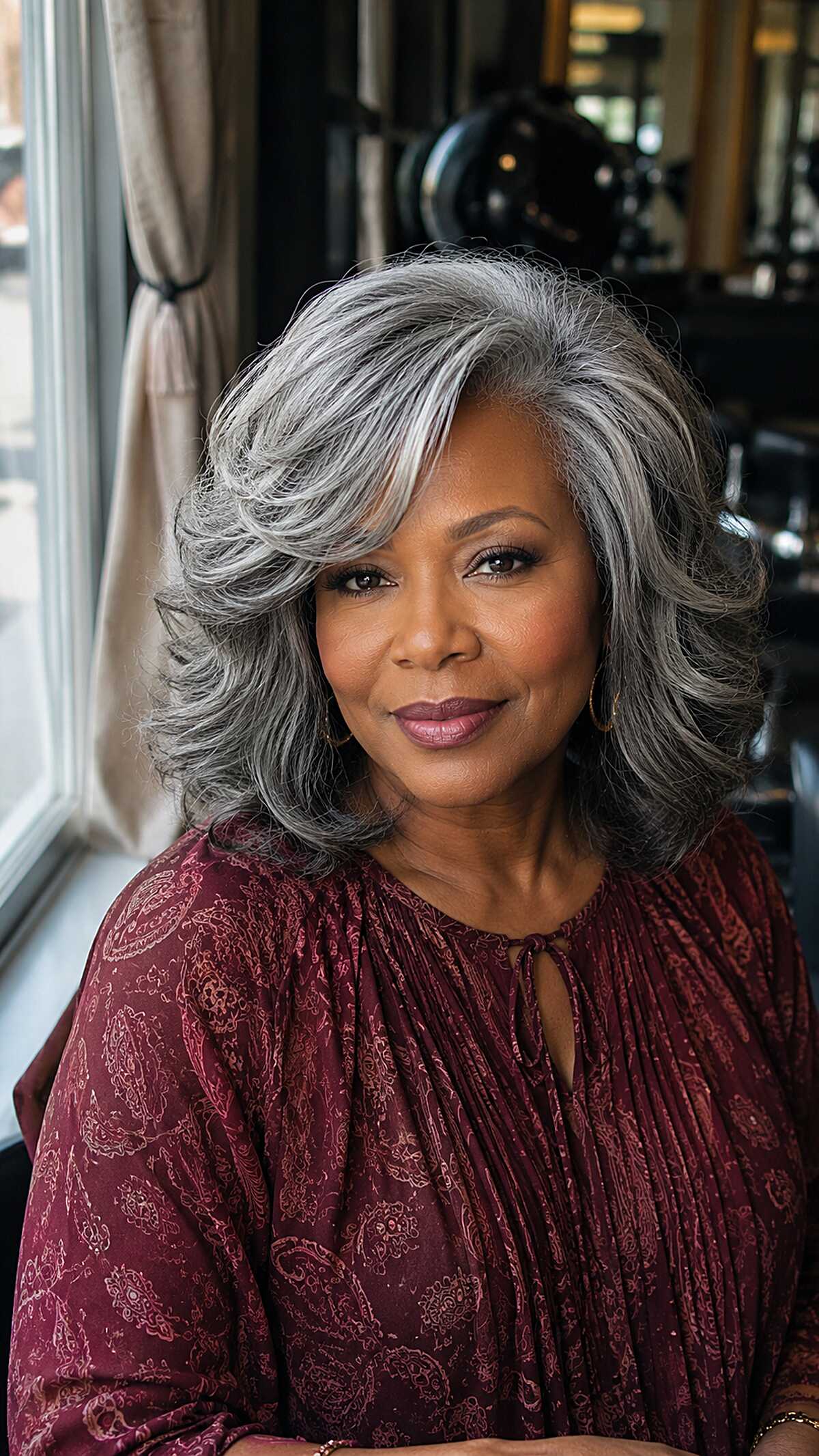 Silver feathered lob sew-in with side-swept volume