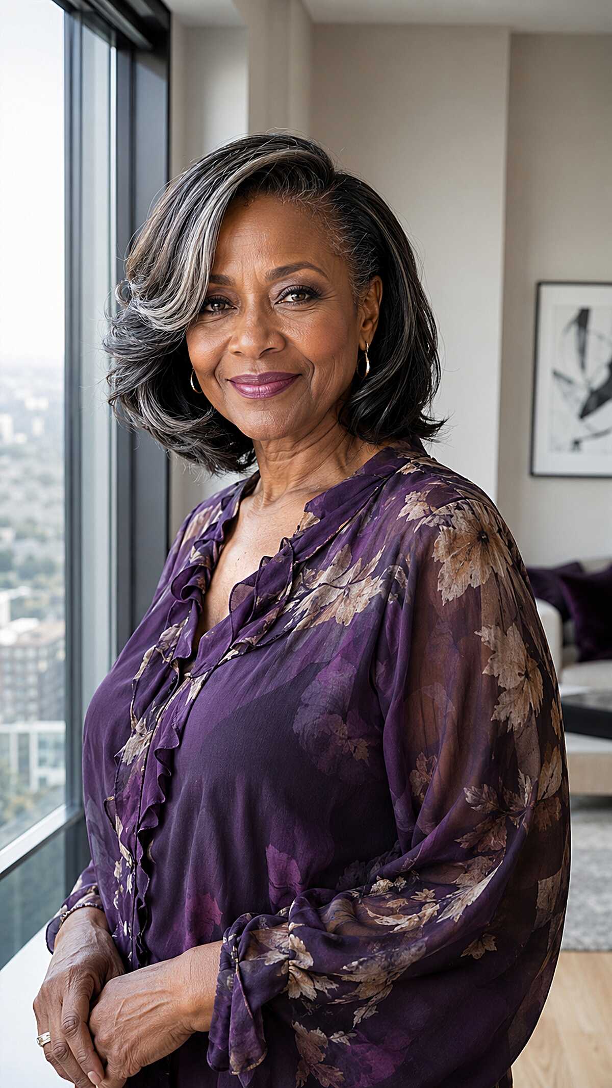 Chin-length flipped bob quick weave with silver highlights