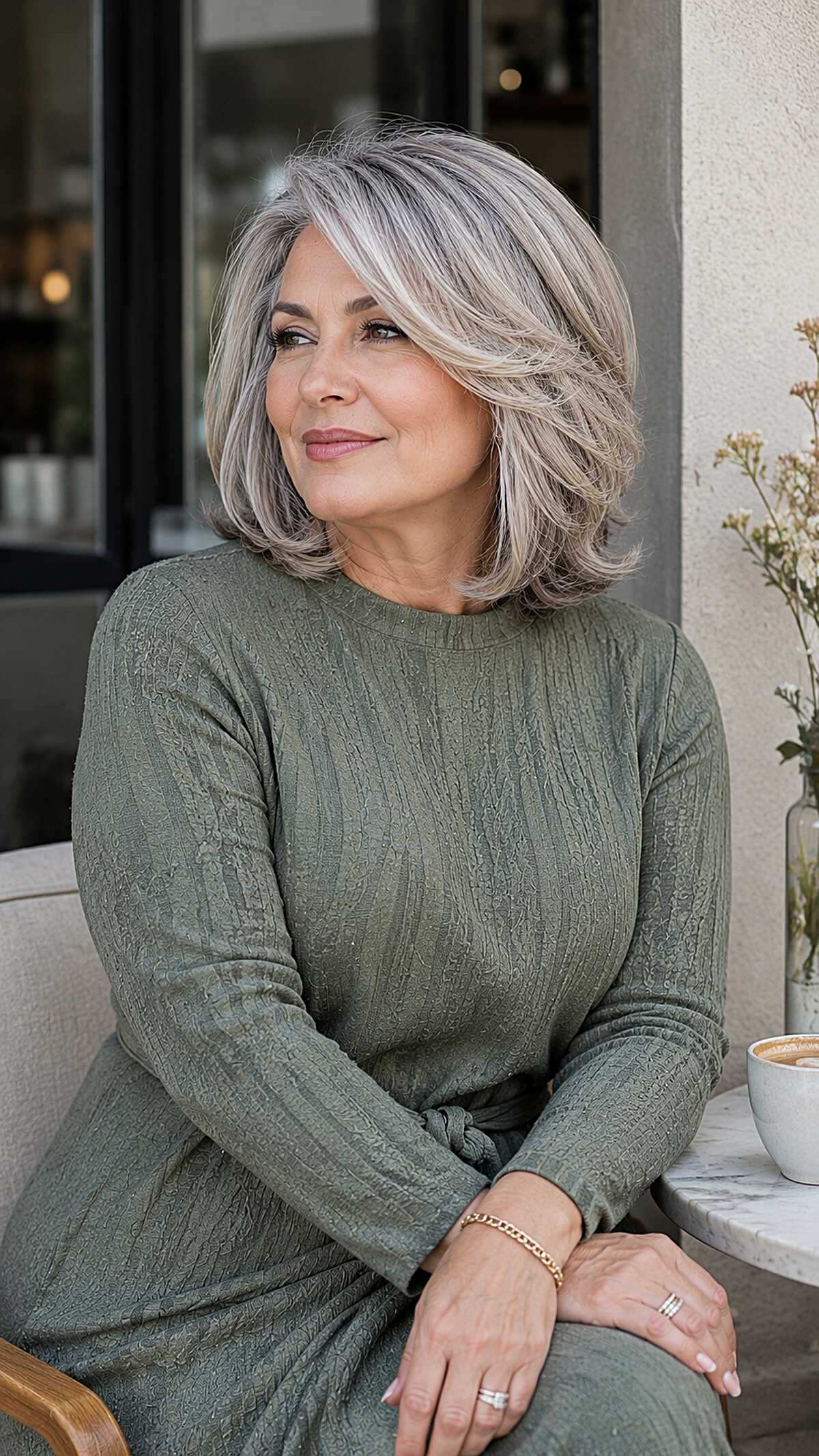 Silver and ash blonde layered lob with side part