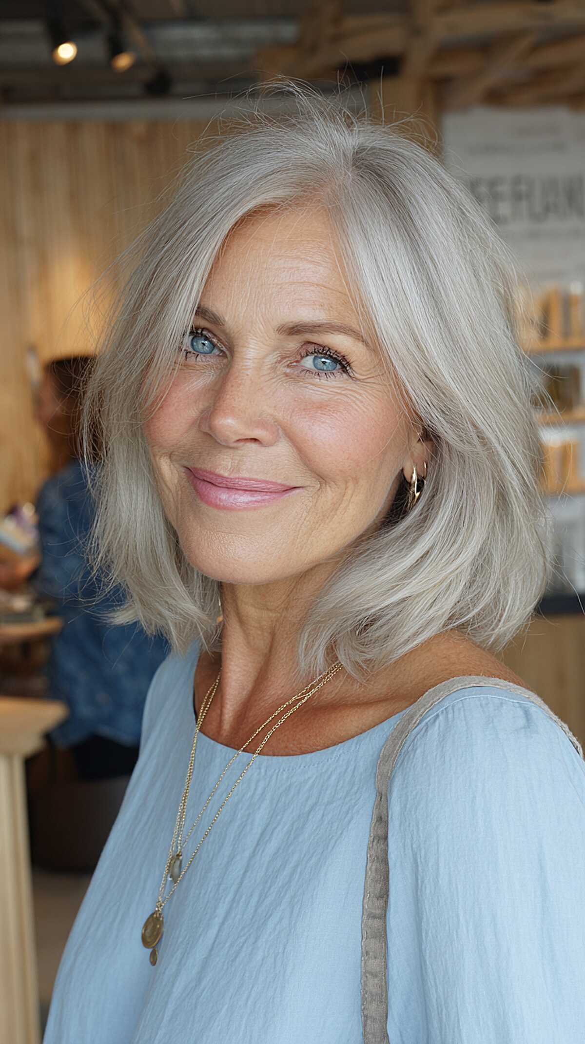 Silver gray layered lob with soft bend and side part