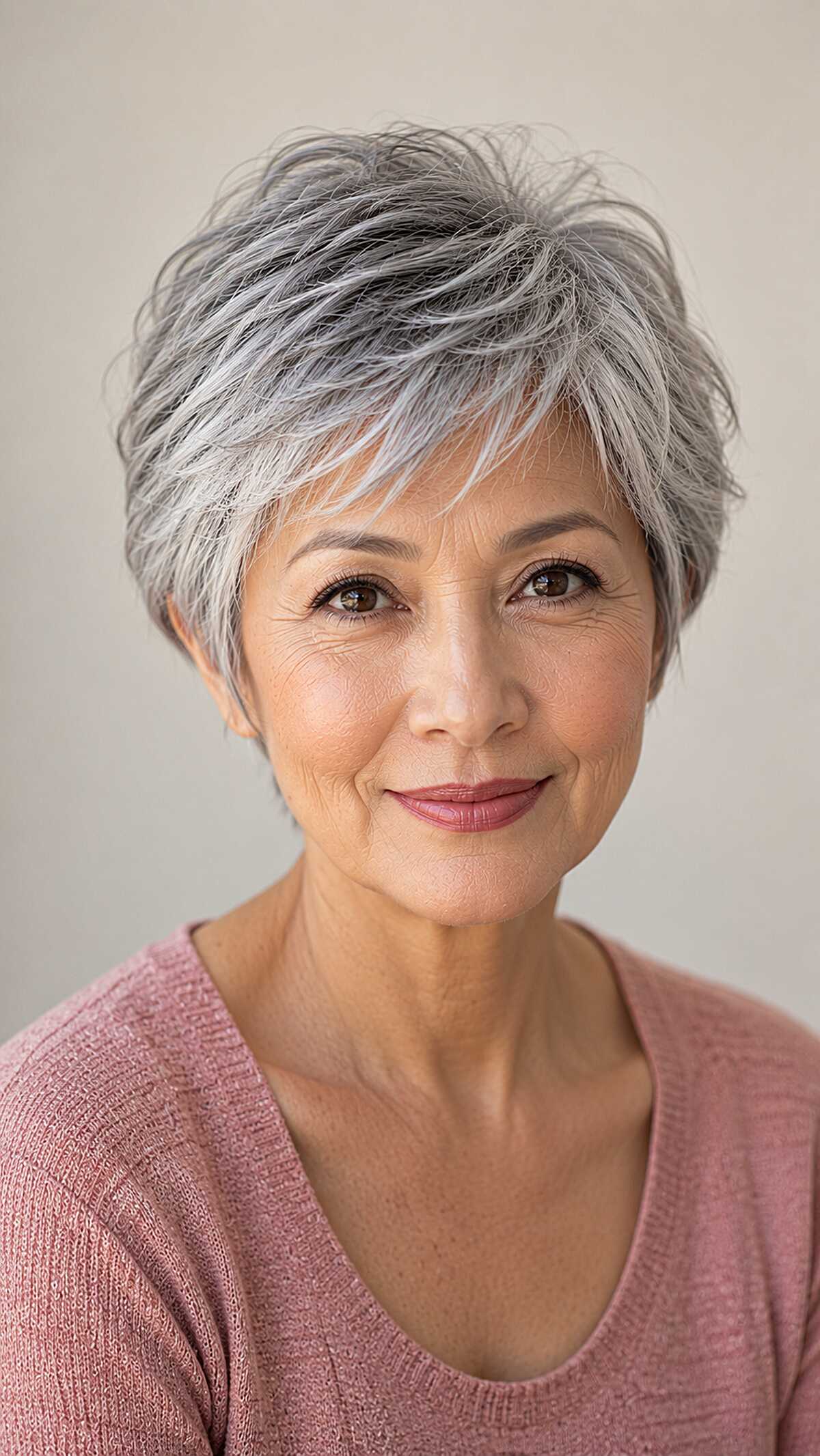 Silver and Pepper Textured Pixie with Layered Top