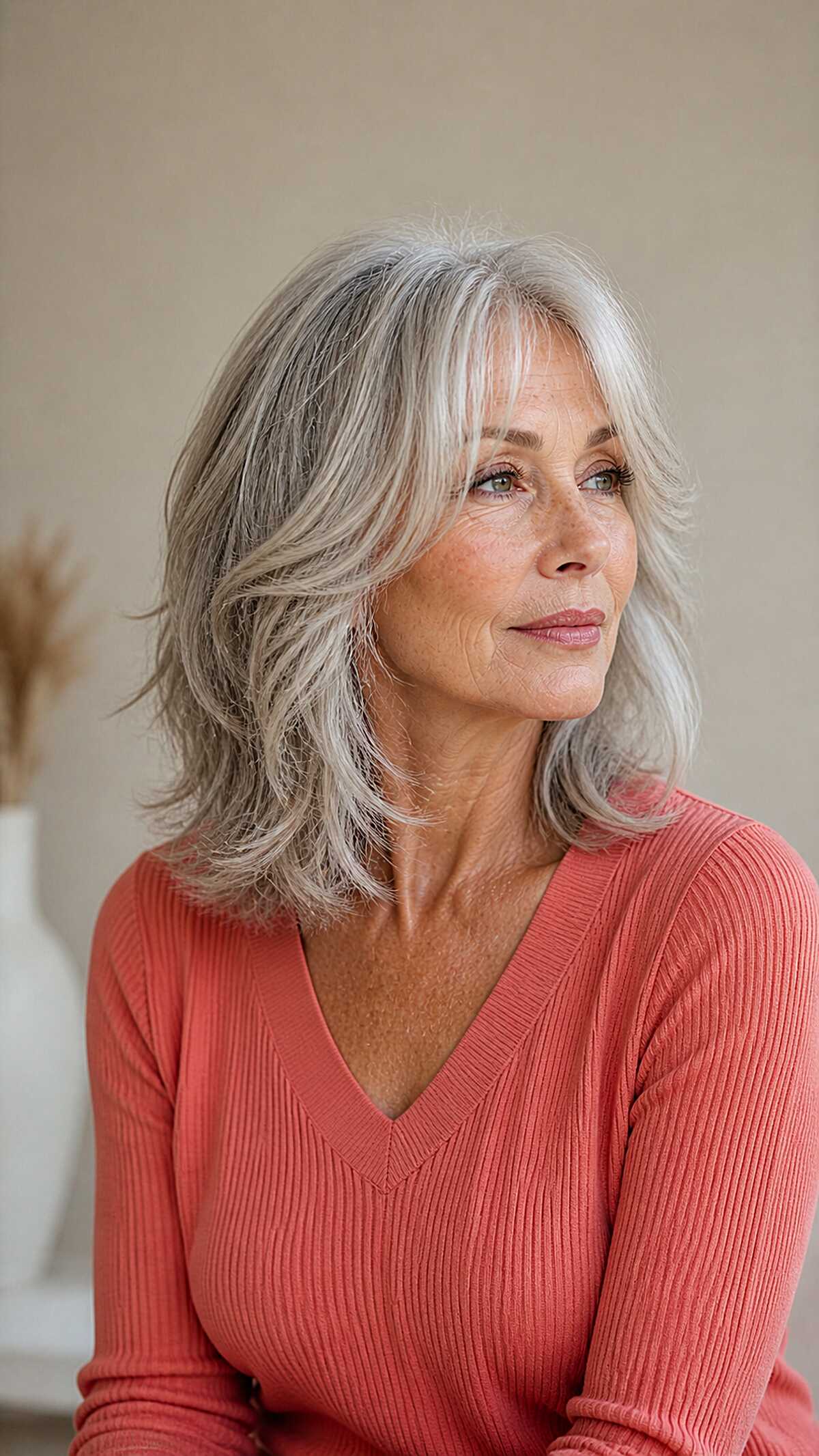 Silver Shaggy Lob With Soft Layers for Women Over 60