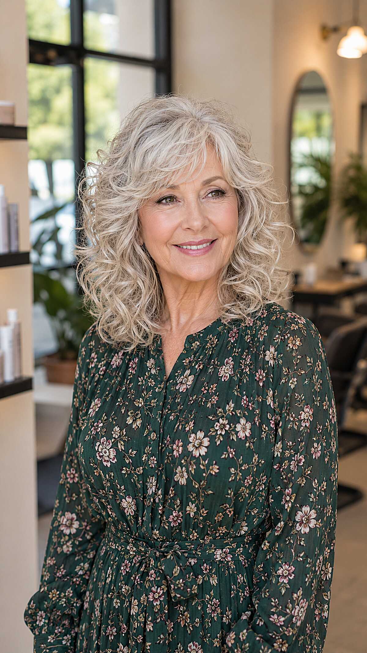 Silver shoulder-length curly hair with curtain fringe