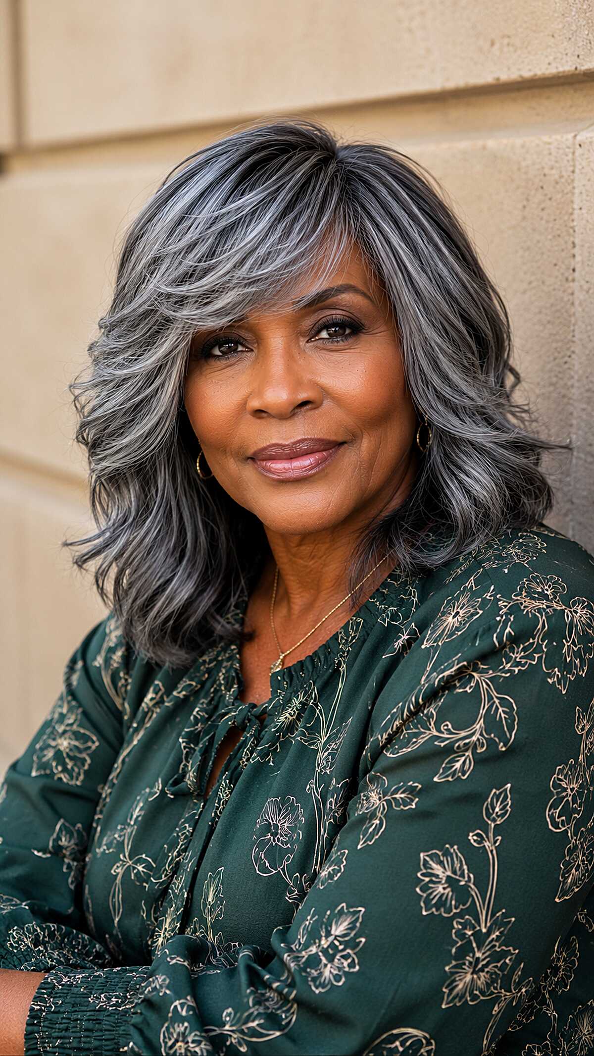 Silver and charcoal shoulder-length wavy sew-in