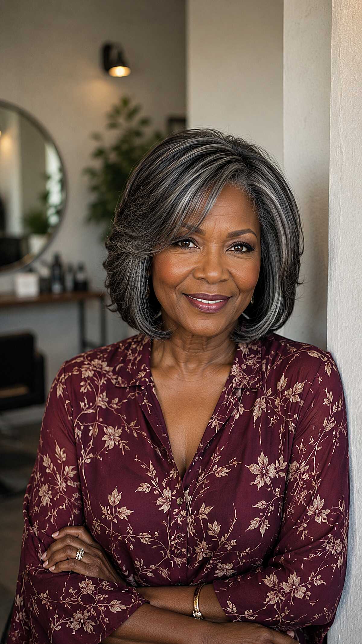 Chin-length bob quick weave with silver grey streaks