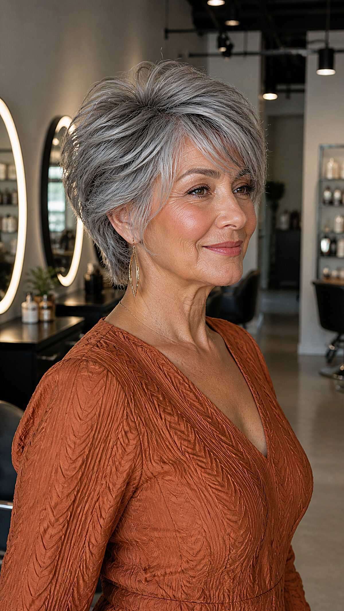 Silver swept-back pixie shag with volume on woman over 60