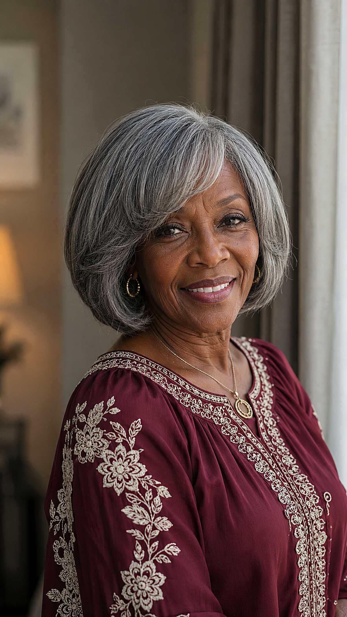 Classic Silver Gray Bob with Soft Side-Swept Bangs