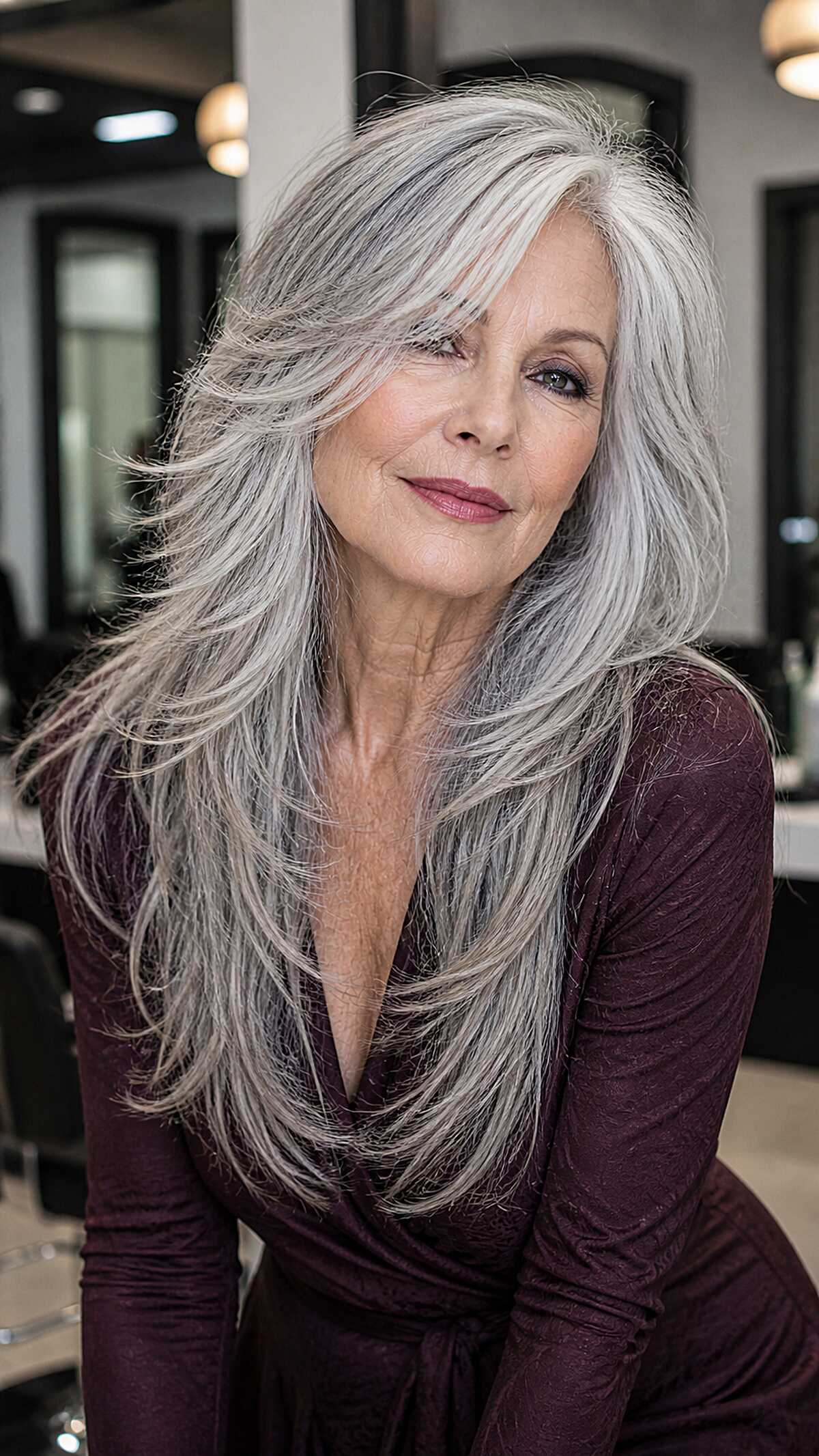 Long Silver Shag with Wispy Face-Framing Layers
