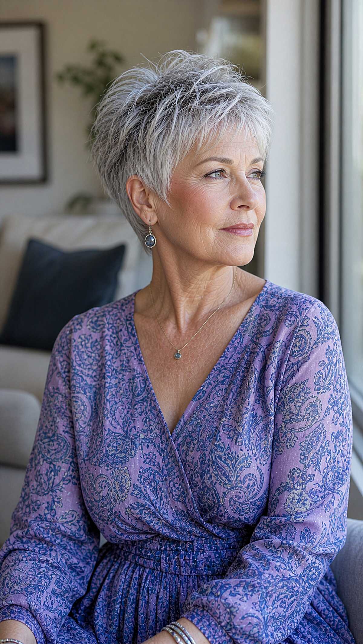 Silver-white close-cropped pixie shag on older woman