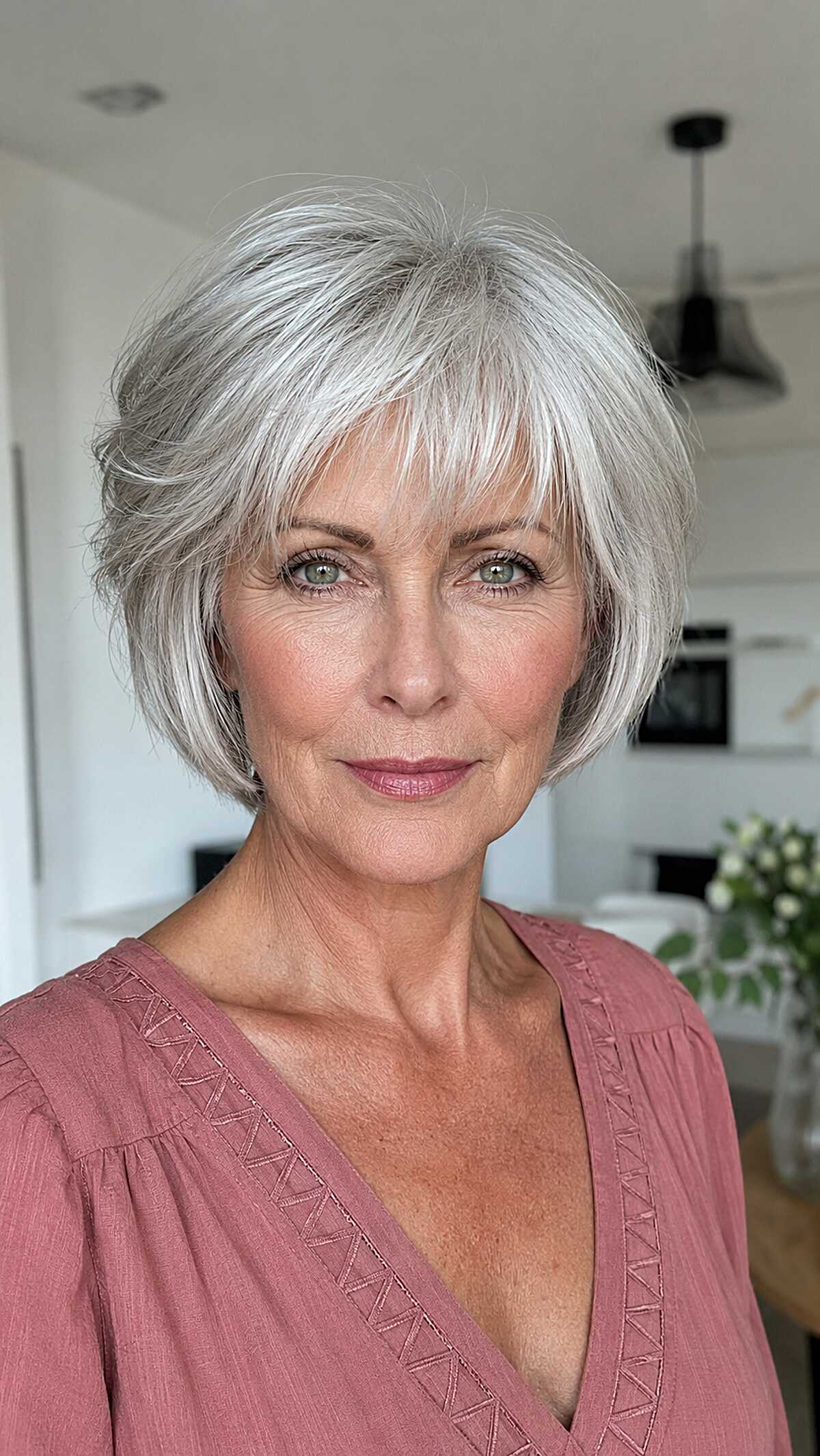 Silver gray pixie bob with wispy side-swept bangs