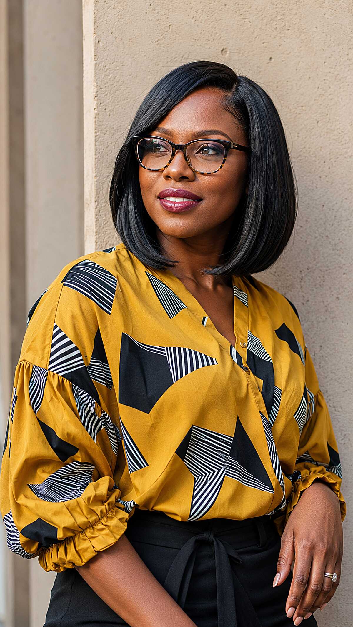 Sleek angled jet black bob sew-in hairstyle