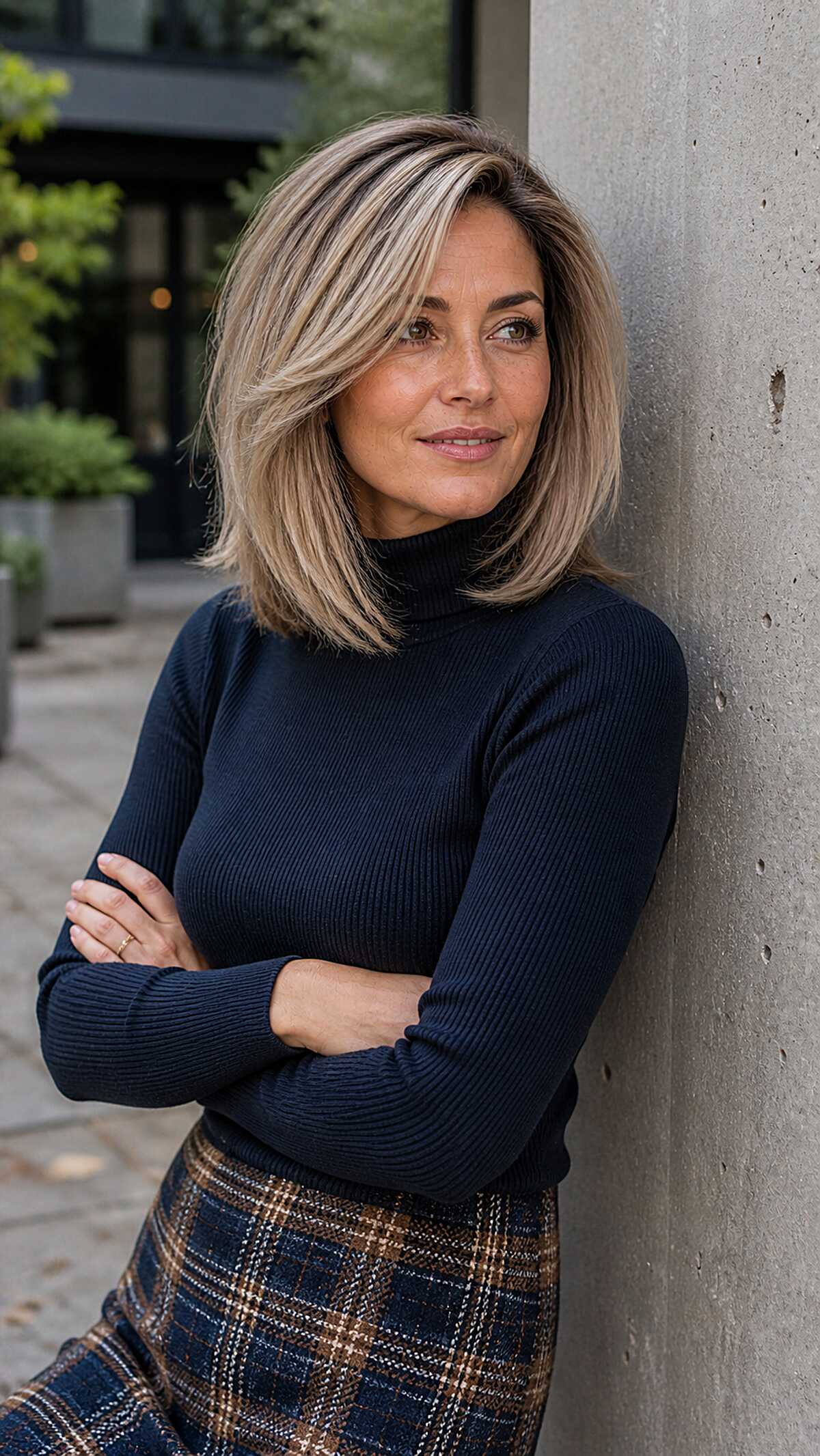 Sleek ash blonde layered bob with deep side part