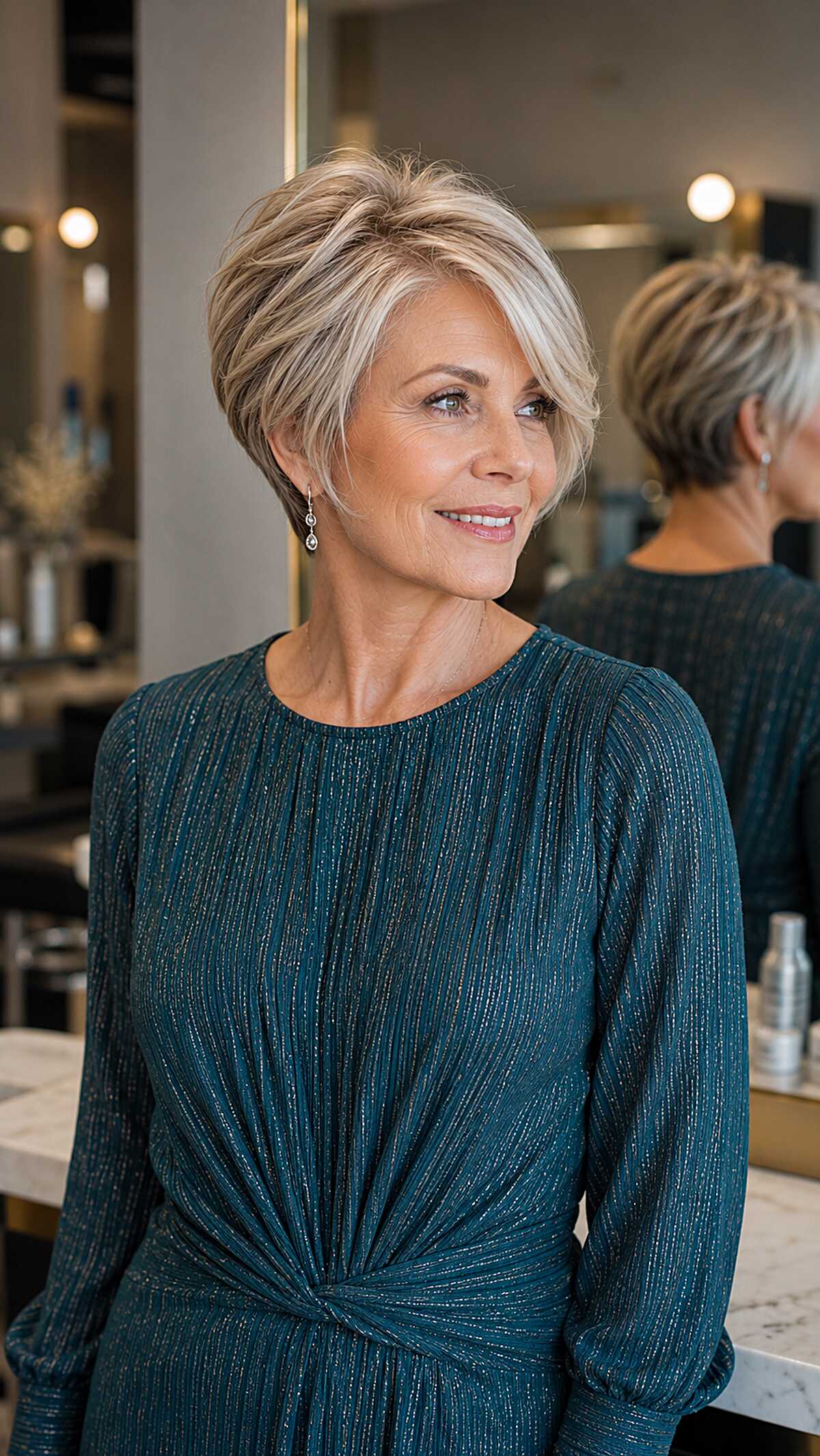 Sleek short blonde layered pixie with side part
