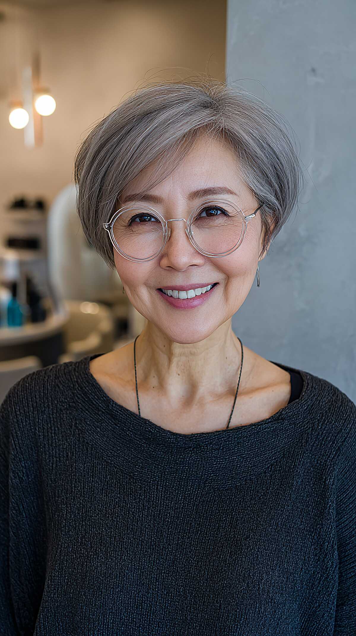 Sleek Ash Gray Pixie Bob with Clear Round Glasses