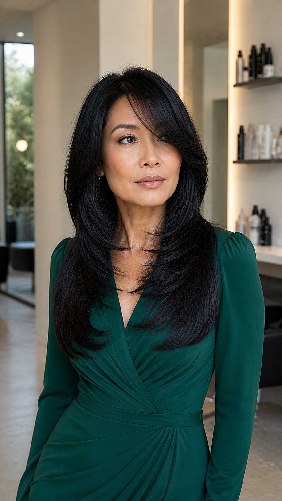 Sleek Black Butterfly Cut with Side-Swept Bangs