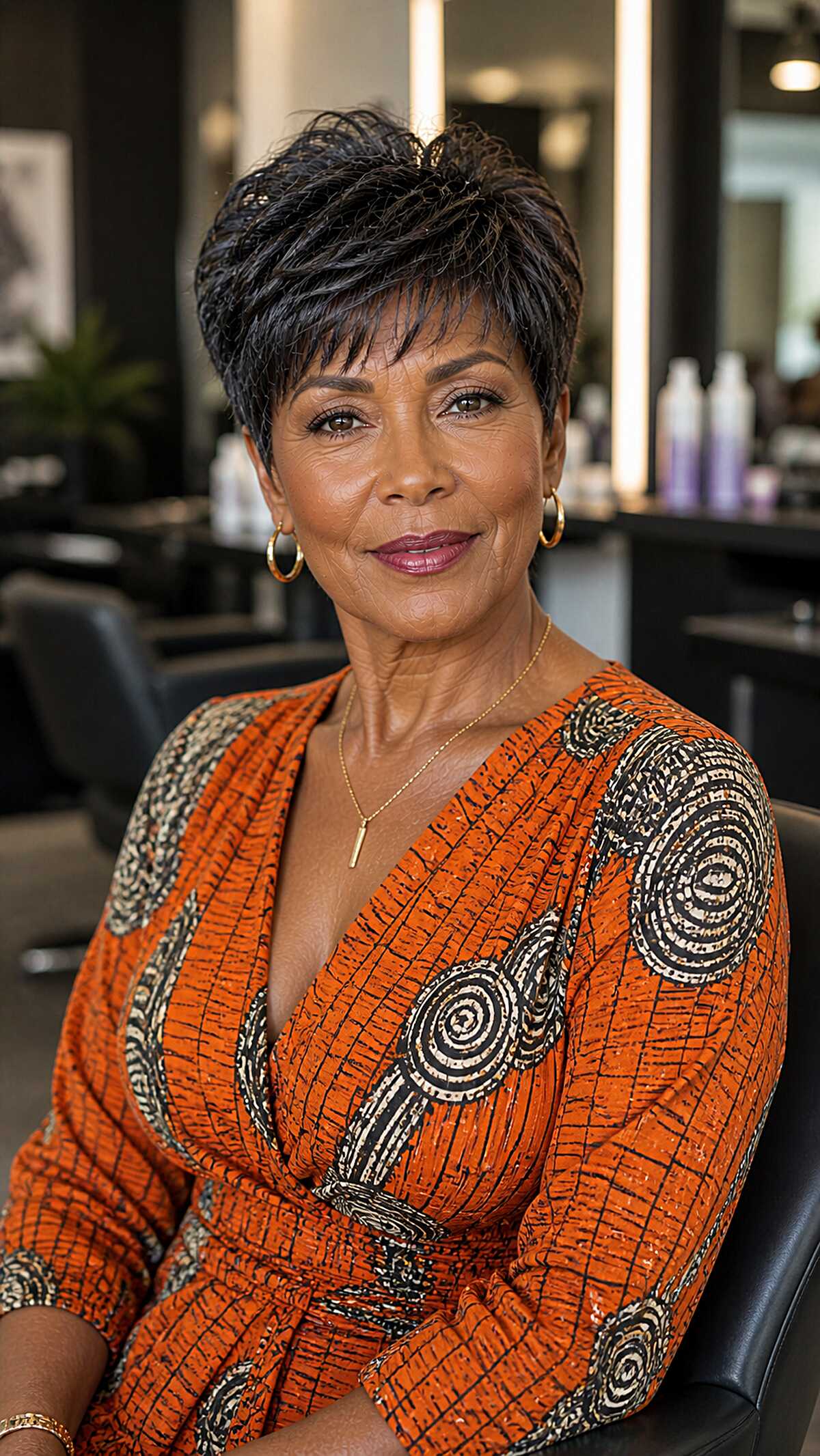 Sleek black tapered pixie shag on woman over 60
