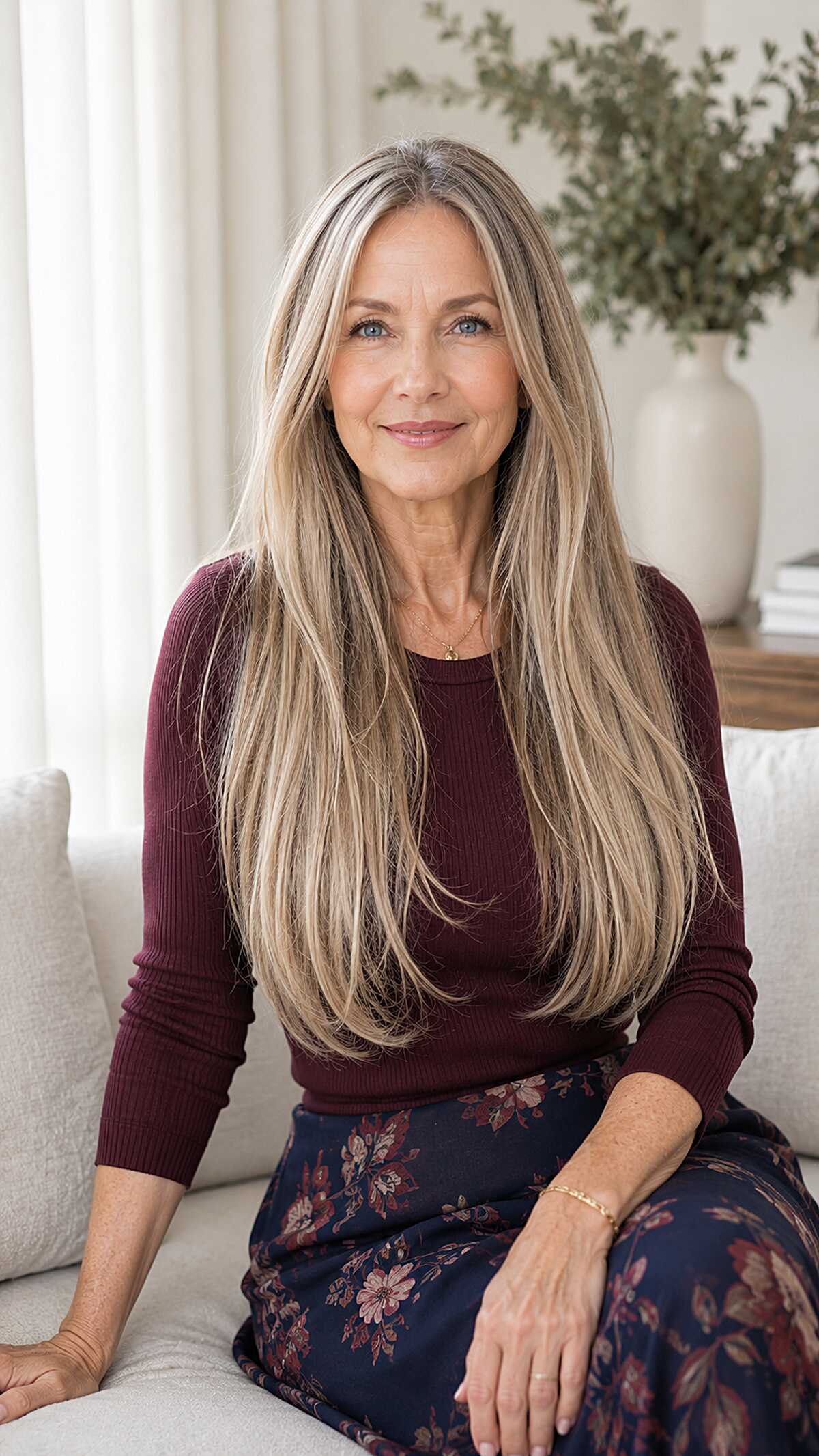 Very long sleek champagne blonde hair with subtle lowlights