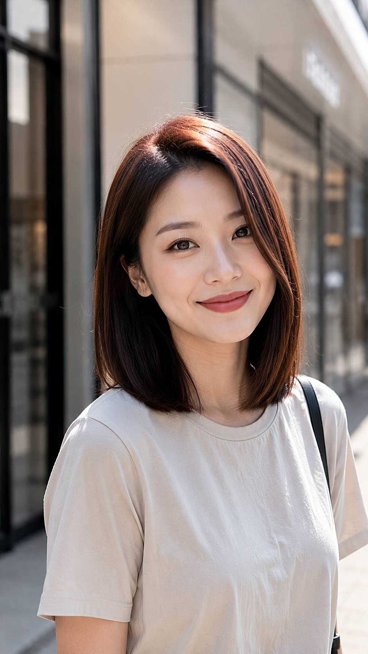 Sleek chestnut bob with deep side part on straight hair