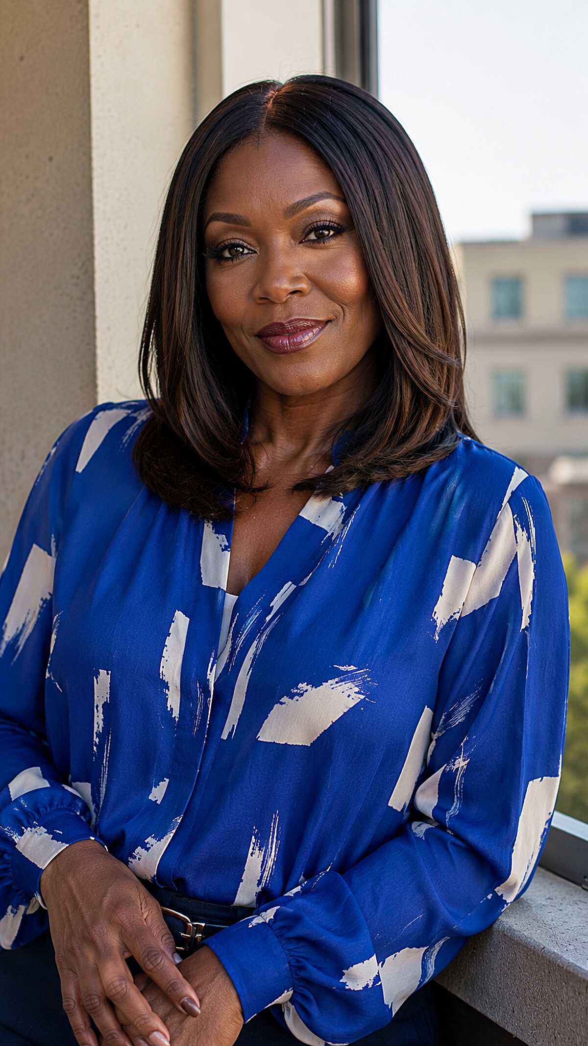Sleek dark brown lob sew-in with subtle highlights