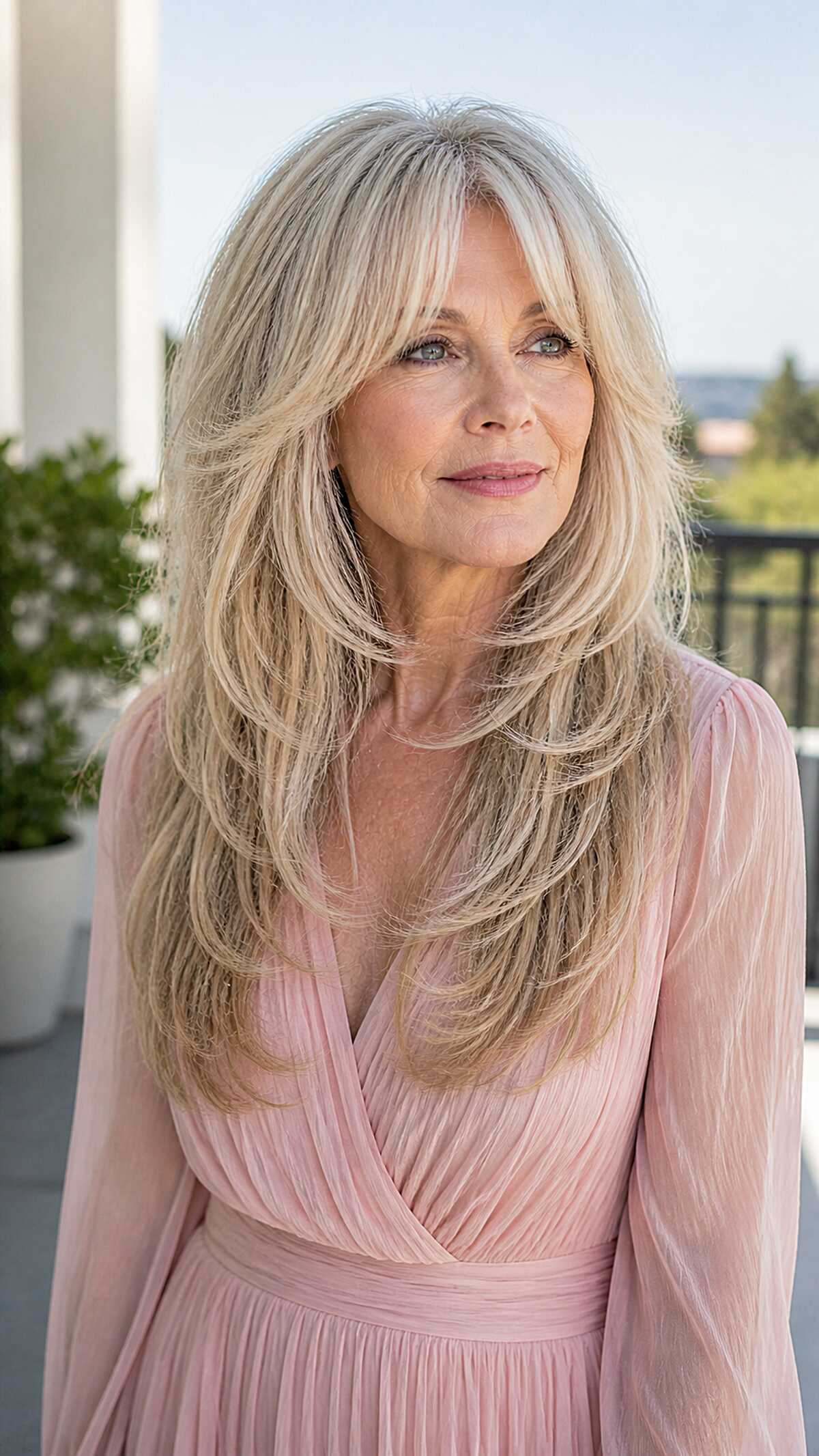 Soft Blonde Long Shag with Wispy Curtain Fringe