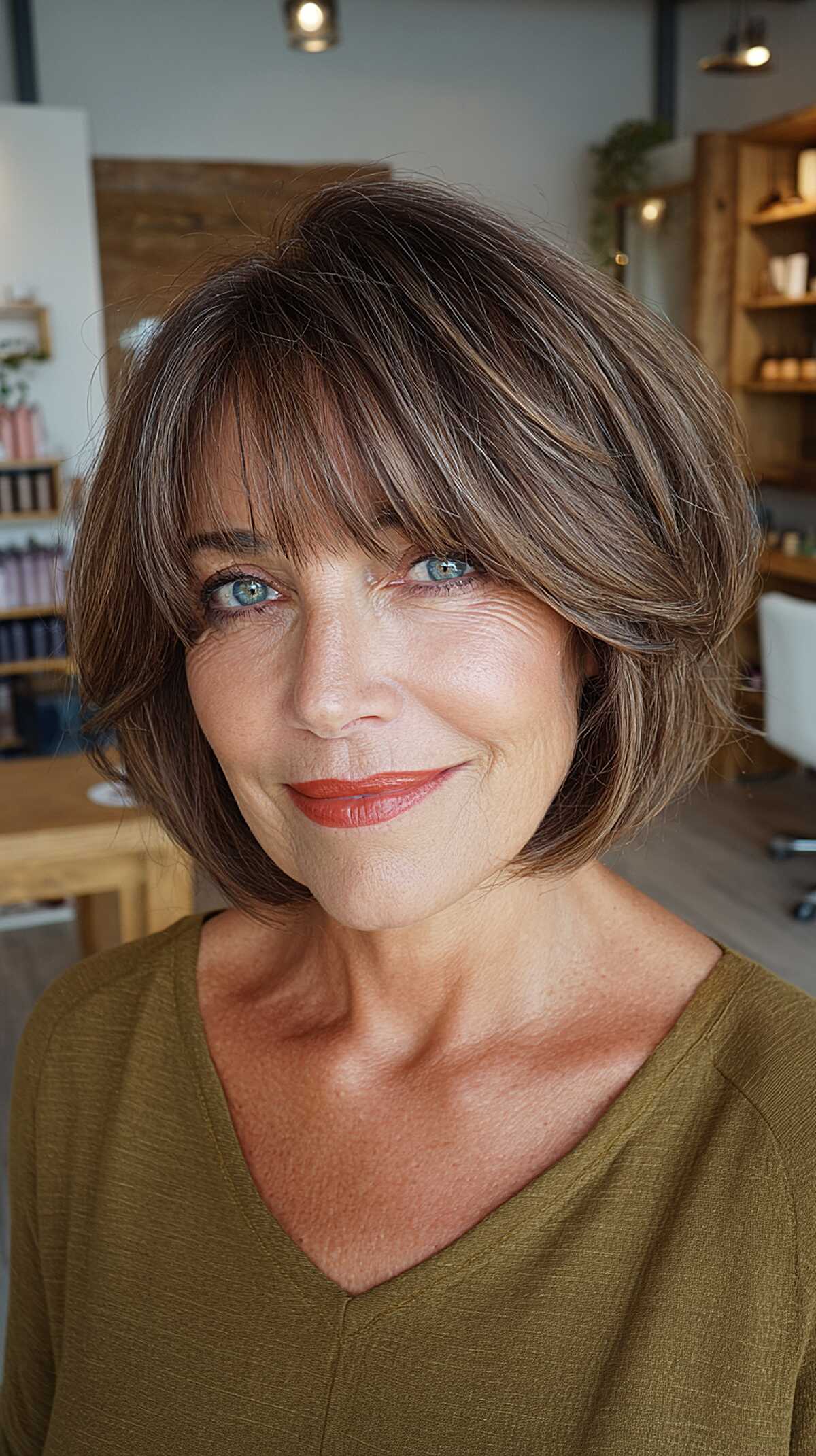 Soft brunette layered bob with wispy bangs and highlights