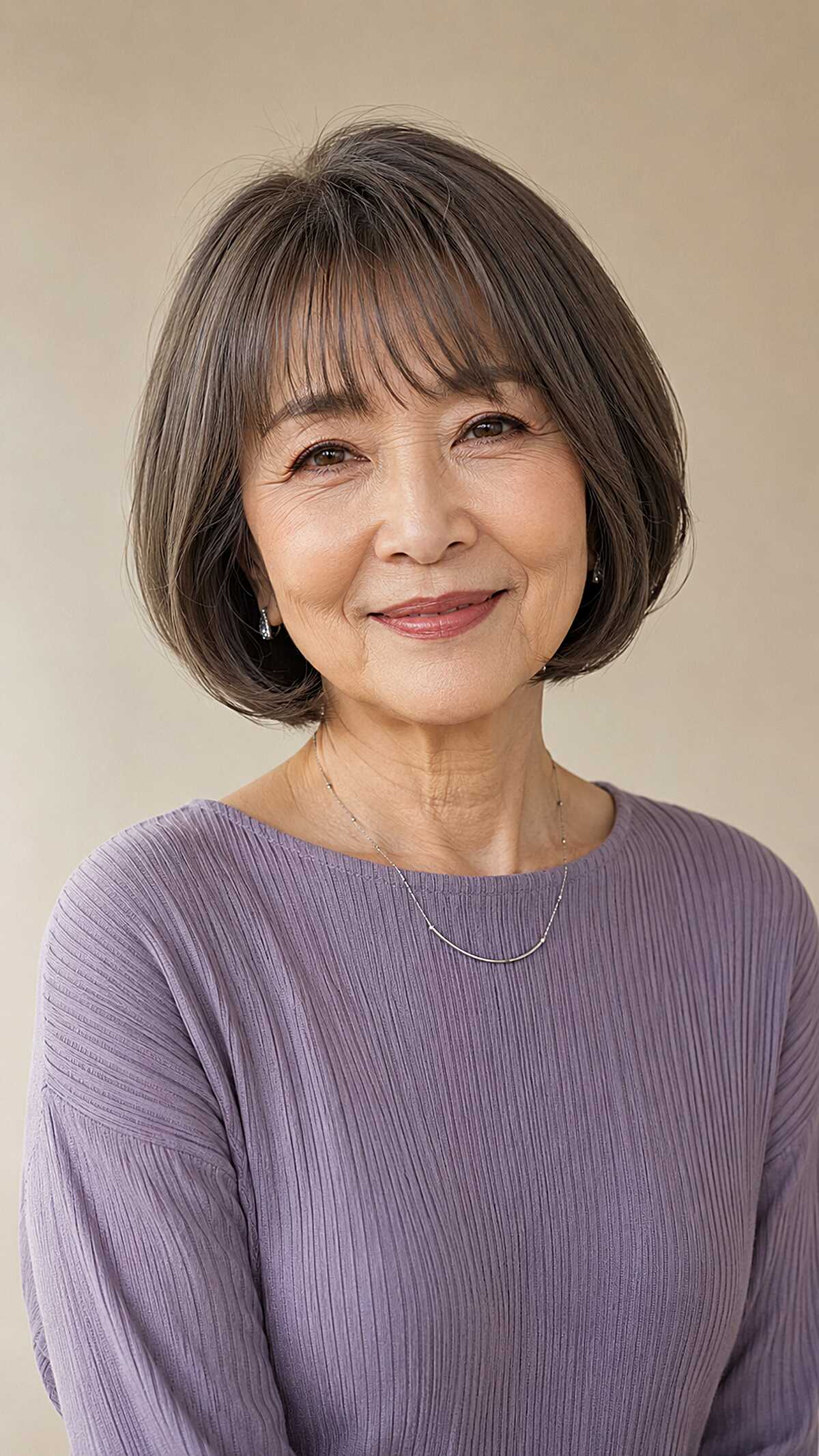 Soft Brunette Chin-Length Bob with Side-Swept Bangs