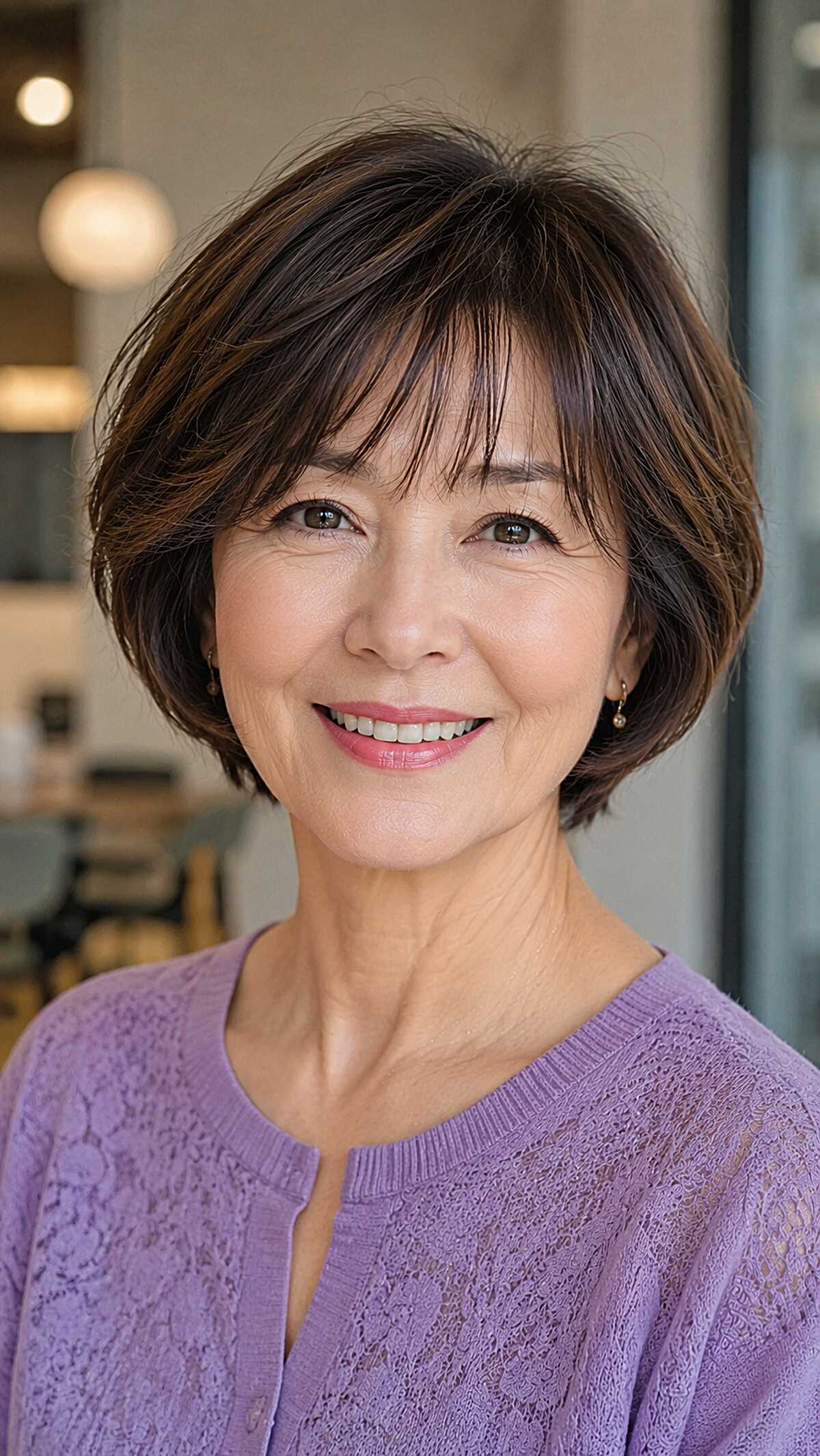 Soft dark brunette pixie bob with curtain bangs