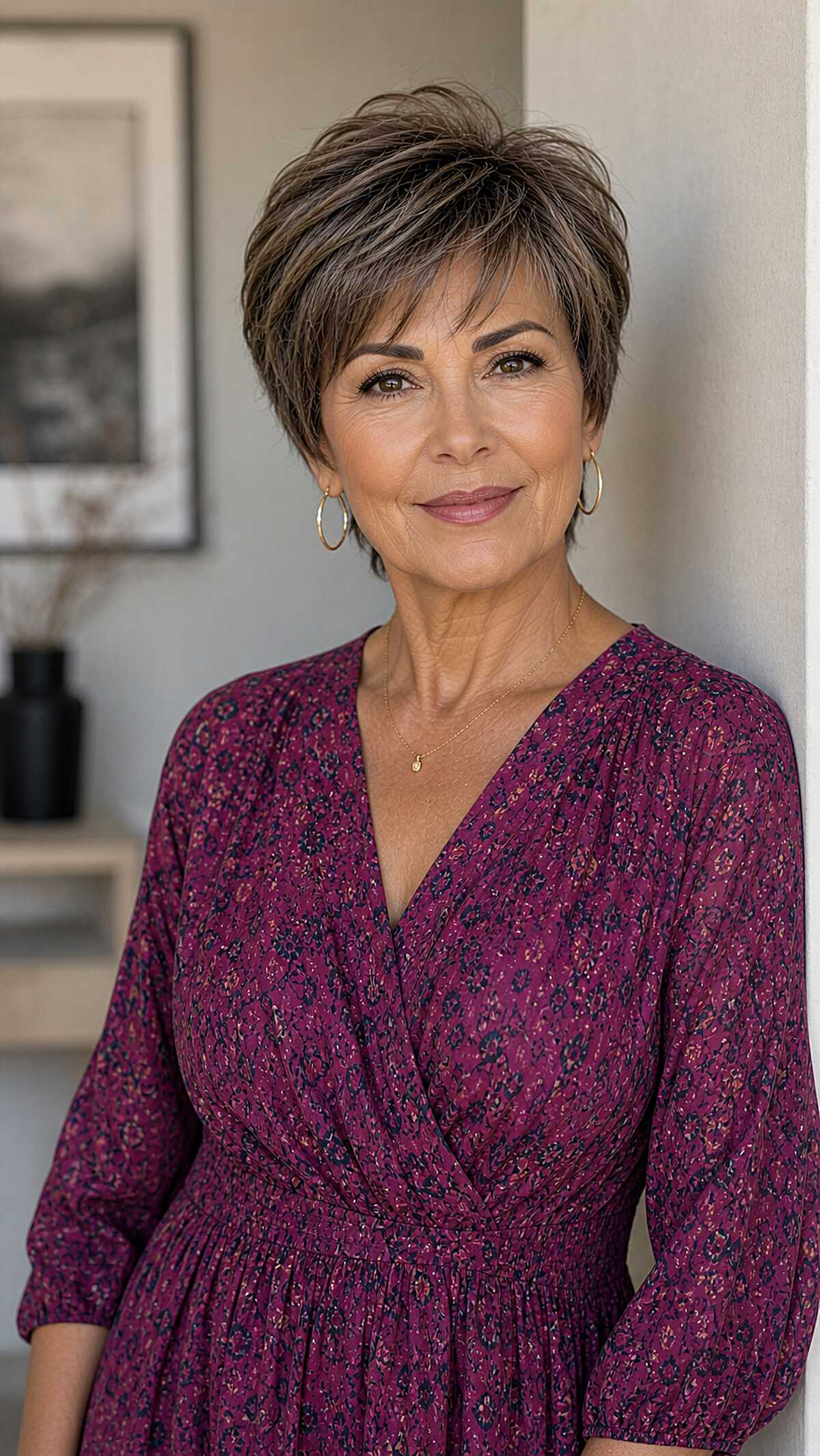 Soft brunette pixie shag with feathered layers
