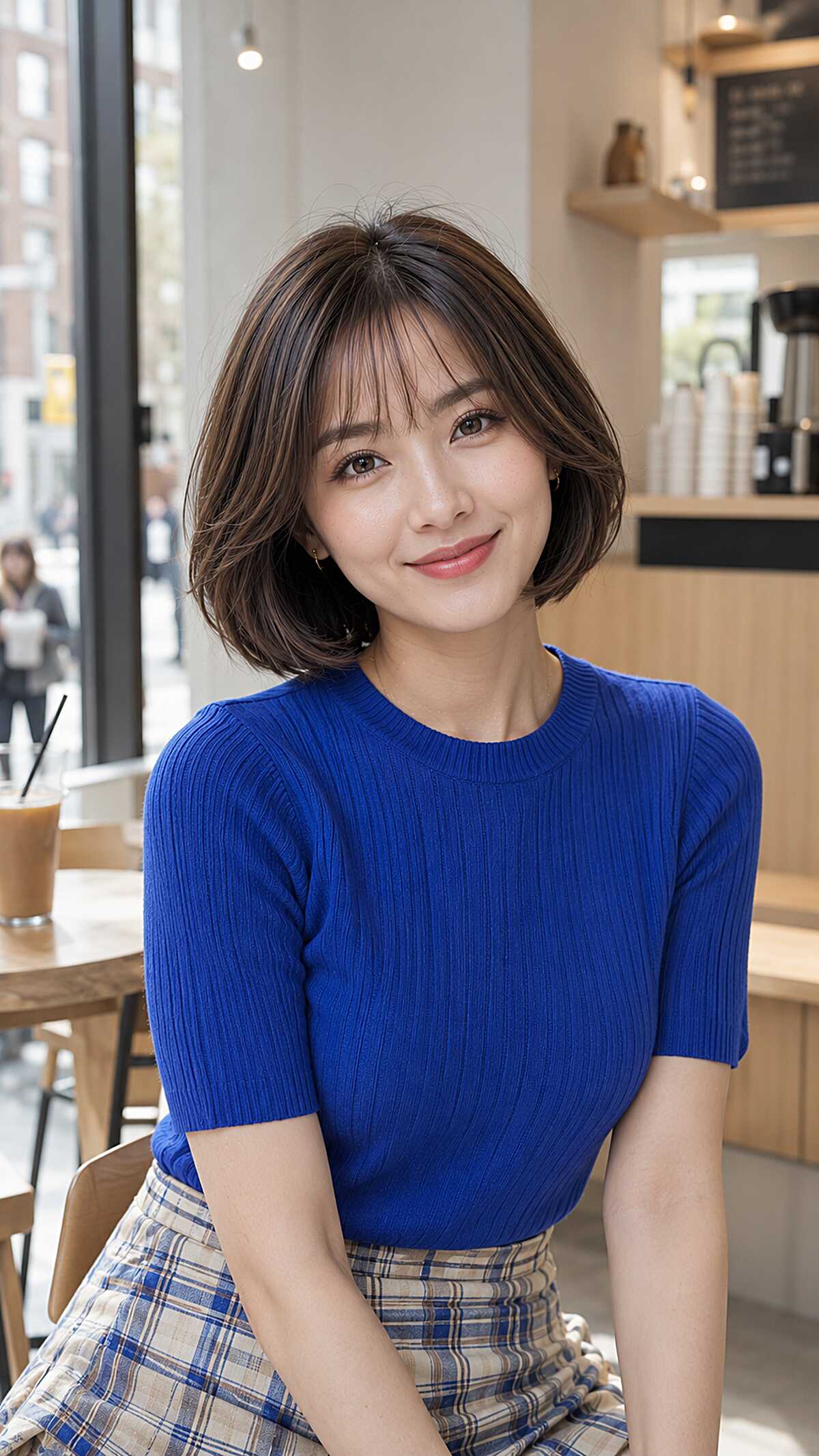 Chin-length brunette bob with wispy side-swept bangs