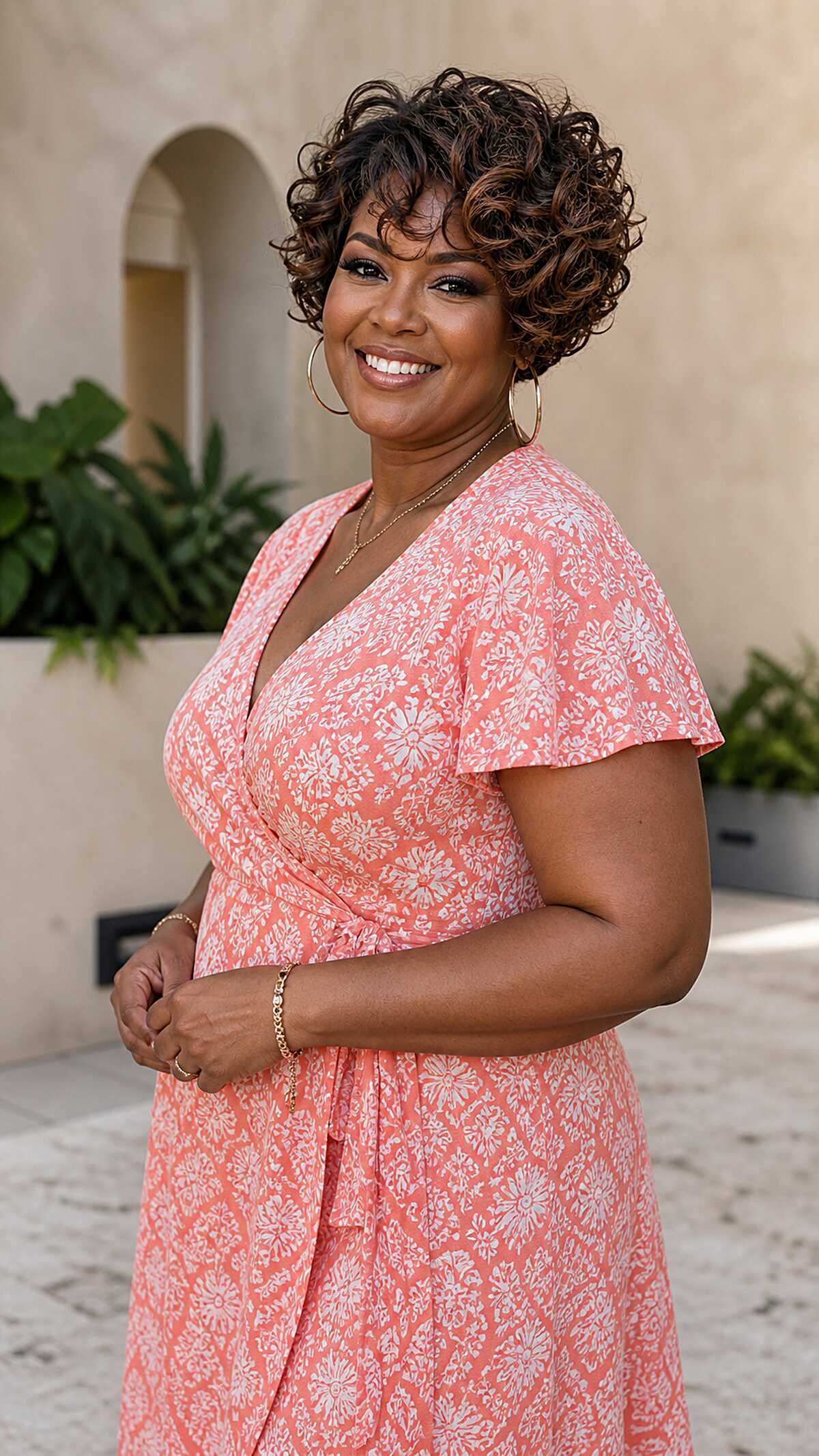 Short curly bob with caramel highlights on dark hair