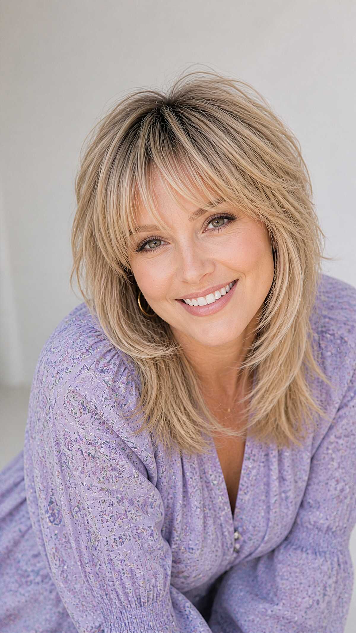 Soft honey blonde wolfcut with feathered face layers