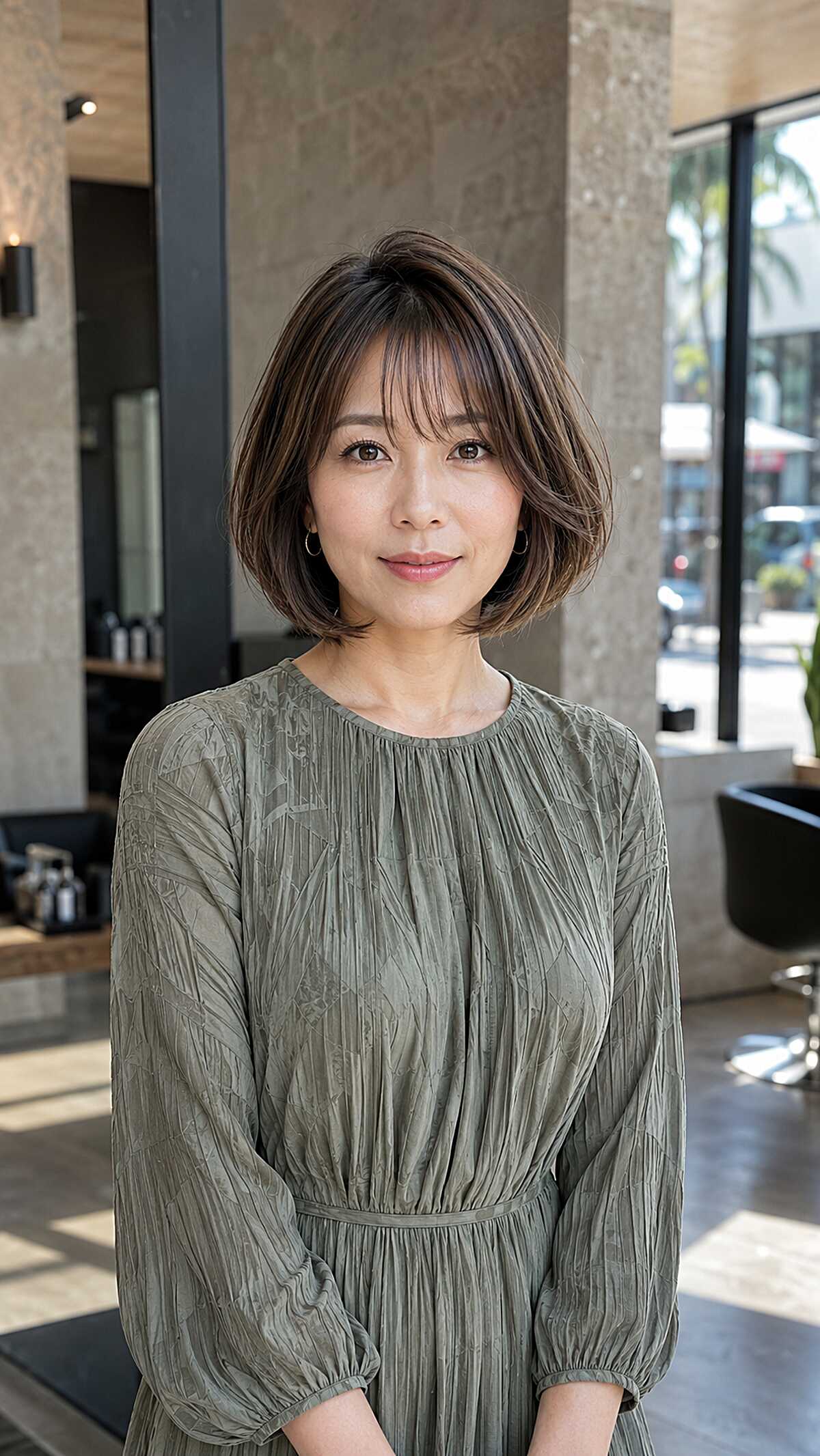 Soft Rounded Brunette Layered Bob with Wispy Bangs