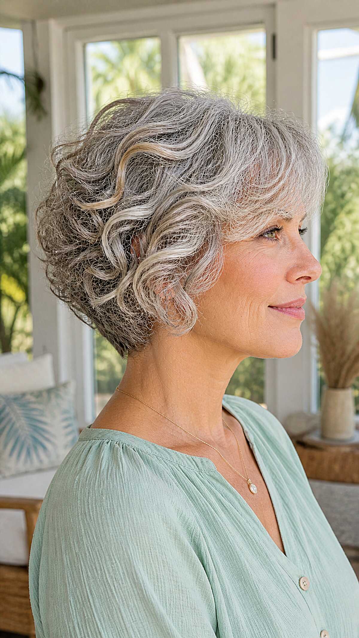 Soft silver wavy stacked bob with golden streaks