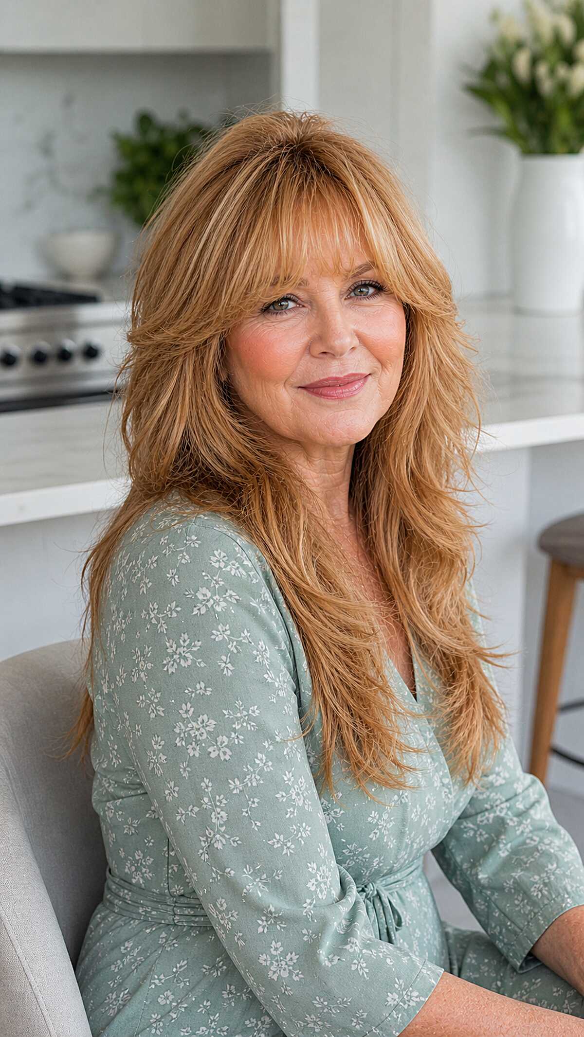 Strawberry Blonde Long Shag with Full Curtain Bangs