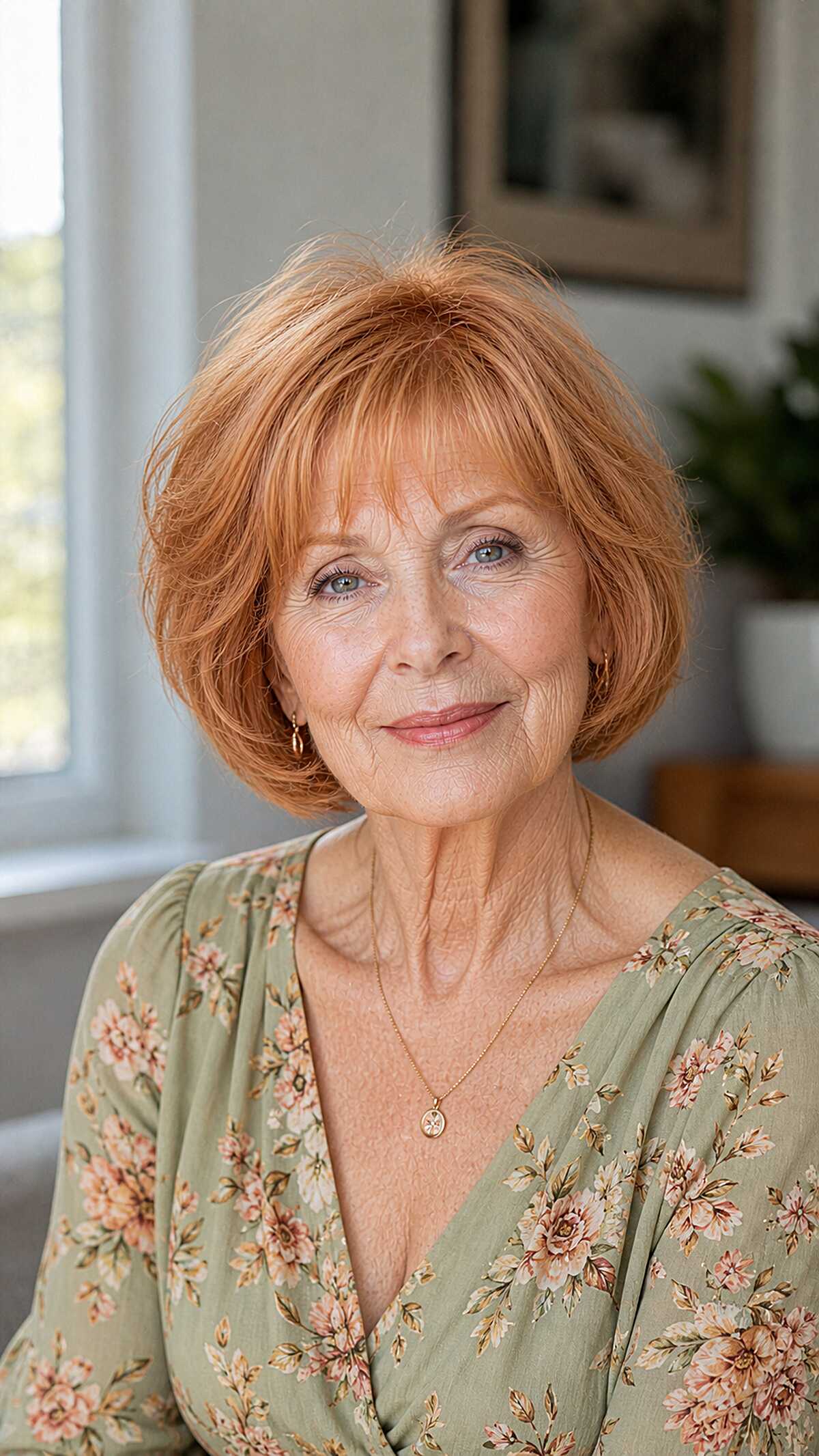 Strawberry Copper Chin-Length Bob with Wispy Bangs